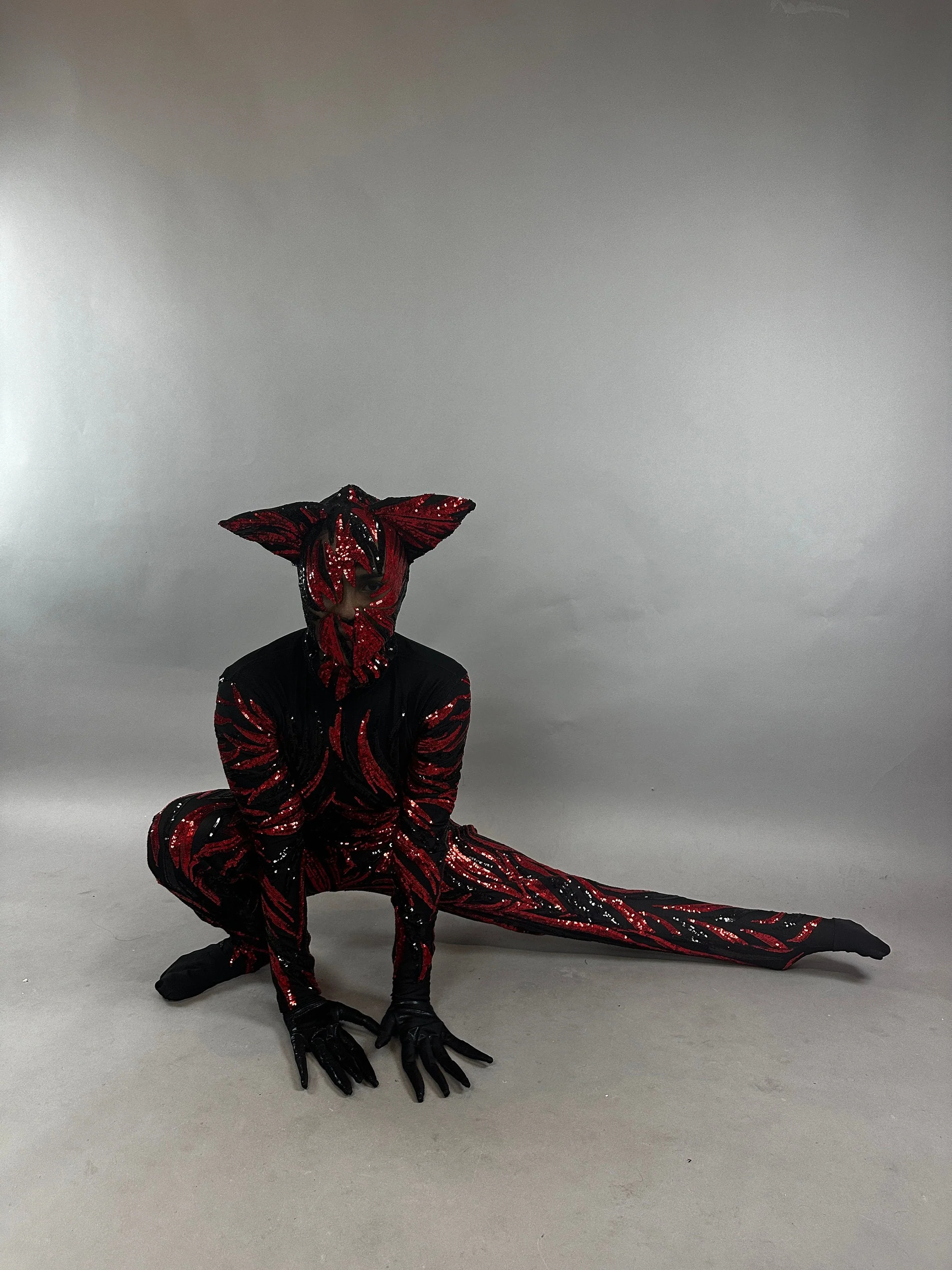 Vamp Costume, Fantasy Character, Red Sequin Catsuit, Halloween Demon Outfit, Exotic Dancewear, Flame Pattern Jumpsuit - Image 8