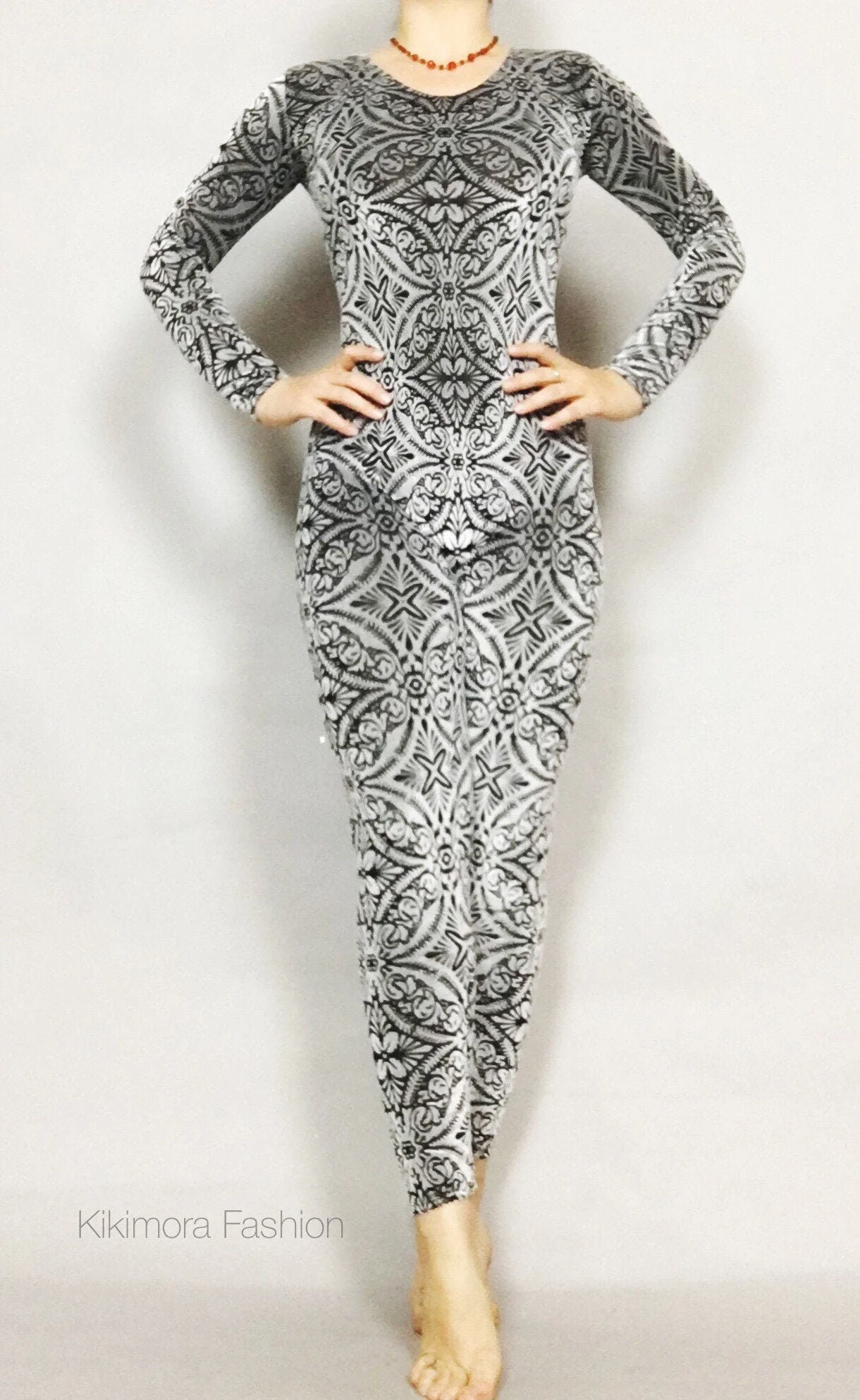 Crushed Velvet Jumpsuit, Black and White Catsuit, Mesh Spandex Bodysuit, Long Sleeve Scoop Neck, Stretch Performance Wear - Image 3