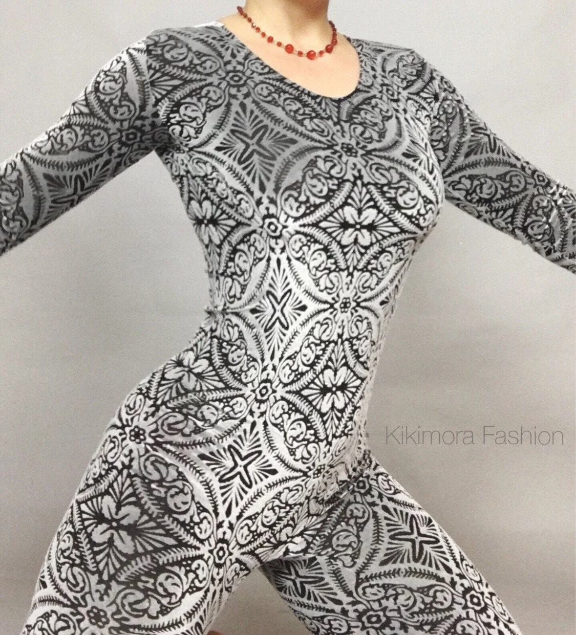 Crushed Velvet Jumpsuit, Black and White Catsuit, Mesh Spandex Bodysuit, Long Sleeve Scoop Neck, Stretch Performance Wear - Image 6
