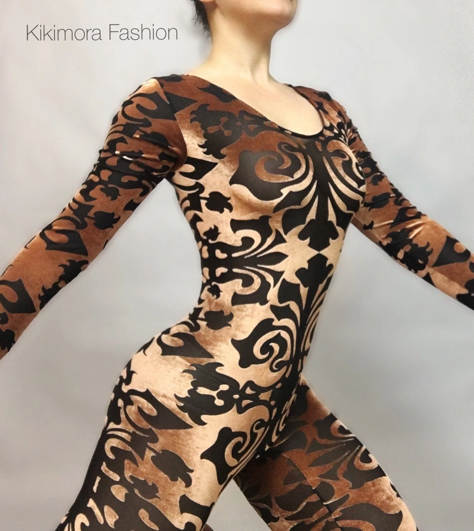 Crushed Velvet Jumpsuit, Black and White Catsuit, Mesh Spandex Bodysuit, Long Sleeve Scoop Neck, Stretch Performance Wear - Image 8