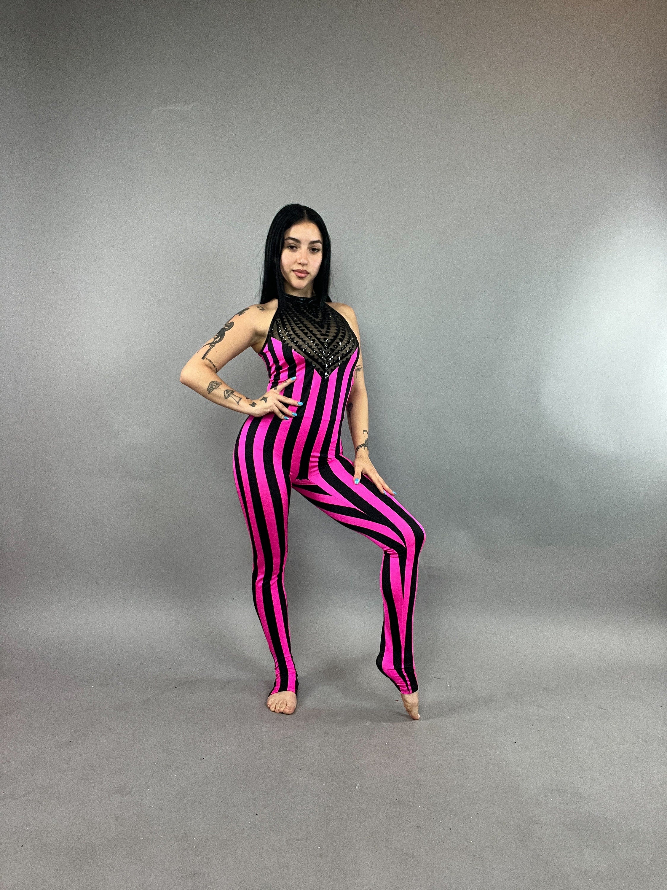 Pink & Black Striped Jumpsuit with Embellished Halter Top, Faux Leather Collar Detail, Sleeveless Catsuit in Stretch Spandex Fabric for Festivals & Dance Events