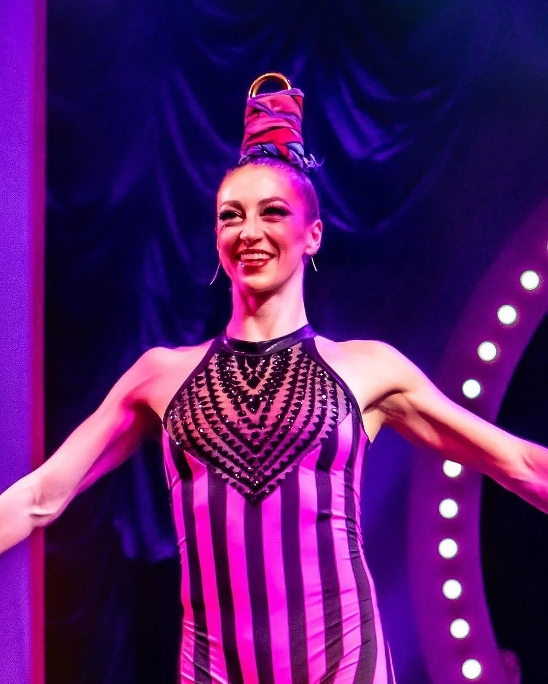 Pink & Black Striped Jumpsuit with Embellished Halter Top, Faux Leather Collar Detail, Sleeveless Catsuit in Stretch Spandex Fabric for Festivals & Dance Events - Image 2