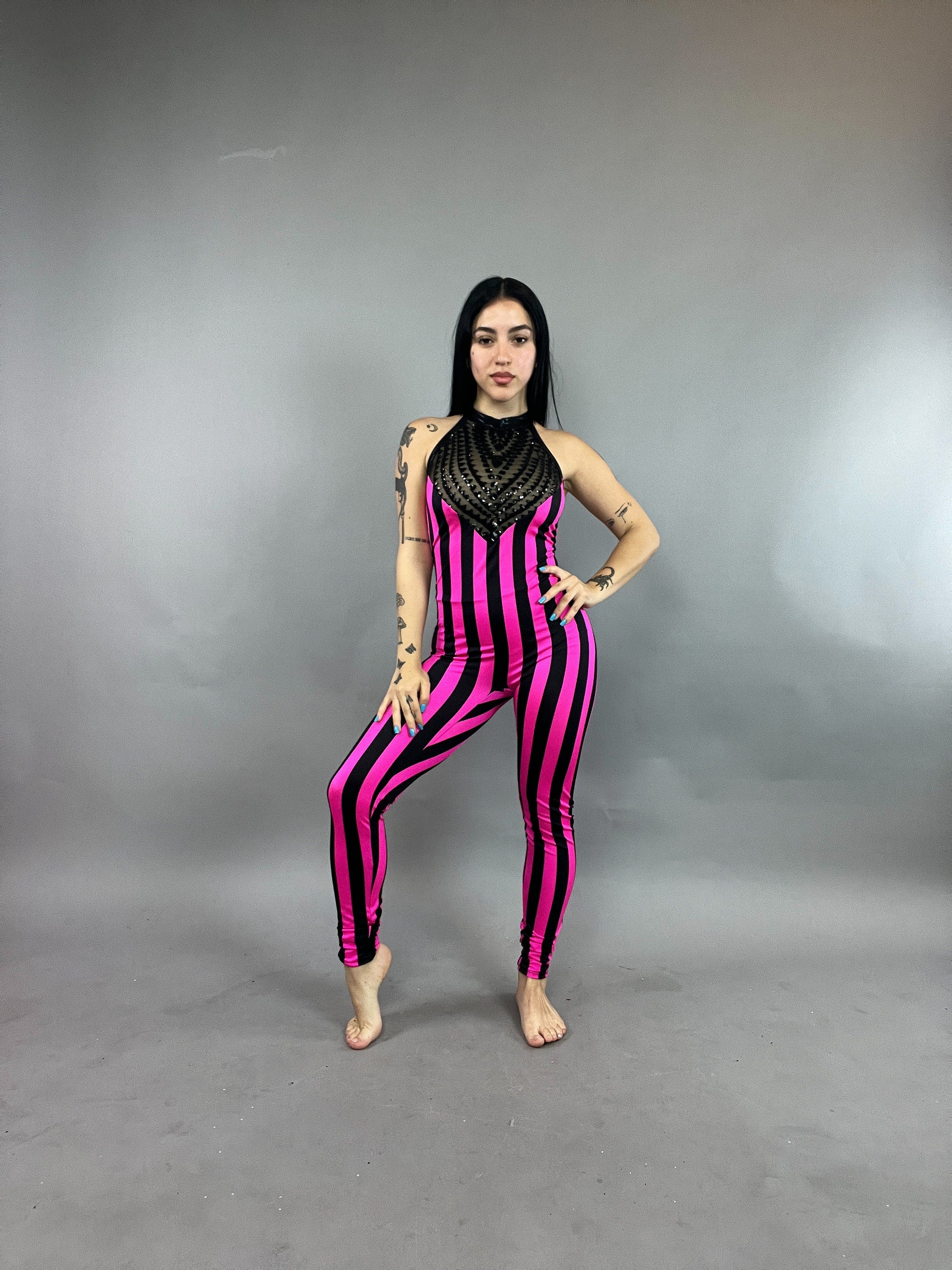 Pink & Black Striped Jumpsuit with Embellished Halter Top, Faux Leather Collar Detail, Sleeveless Catsuit in Stretch Spandex Fabric for Festivals & Dance Events - Image 5