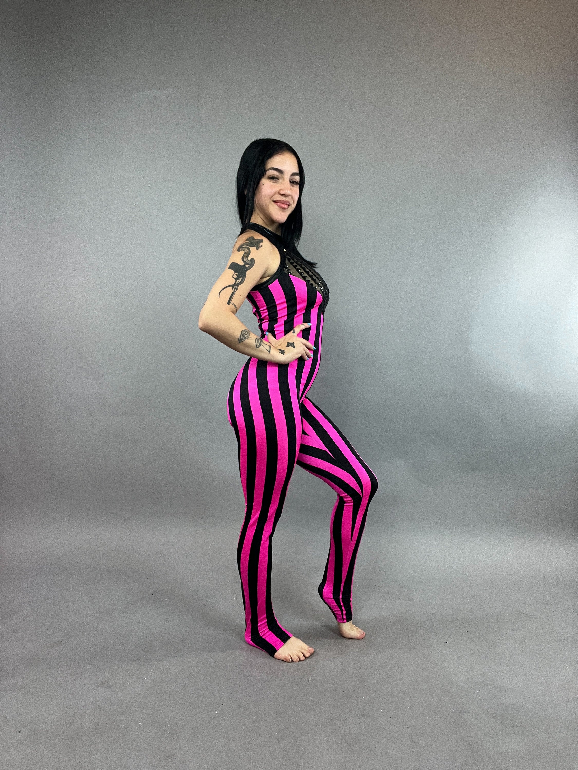 Pink & Black Striped Jumpsuit with Embellished Halter Top, Faux Leather Collar Detail, Sleeveless Catsuit in Stretch Spandex Fabric for Festivals & Dance Events - Image 6