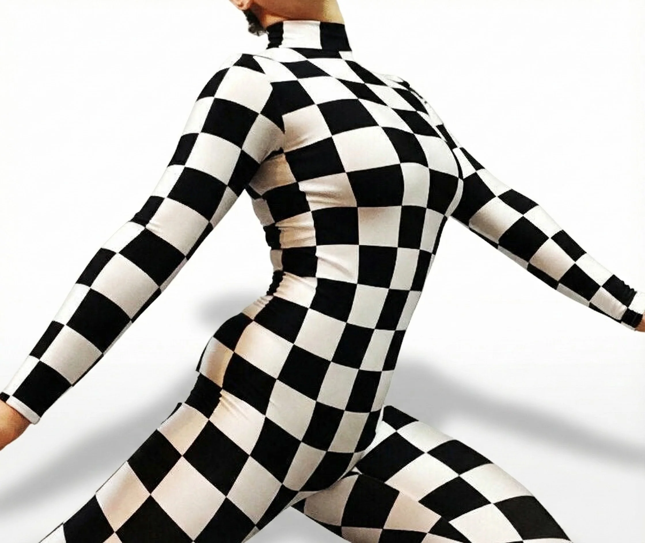 Black and White Checkered Jumpsuit, Long Sleeve Catsuit, Checkerboard Bodysuit, Dance Outfit, Gymnastics Leotard, Performance Unitard