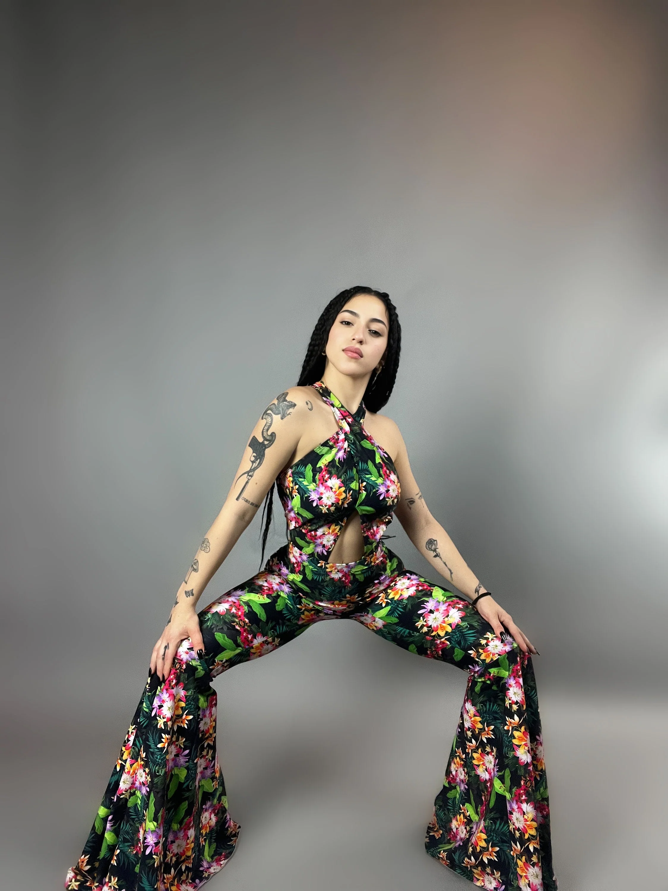 Tropical Floral Bell-Bottom Catsuit, Keyhole Front, Open Back - Image 10