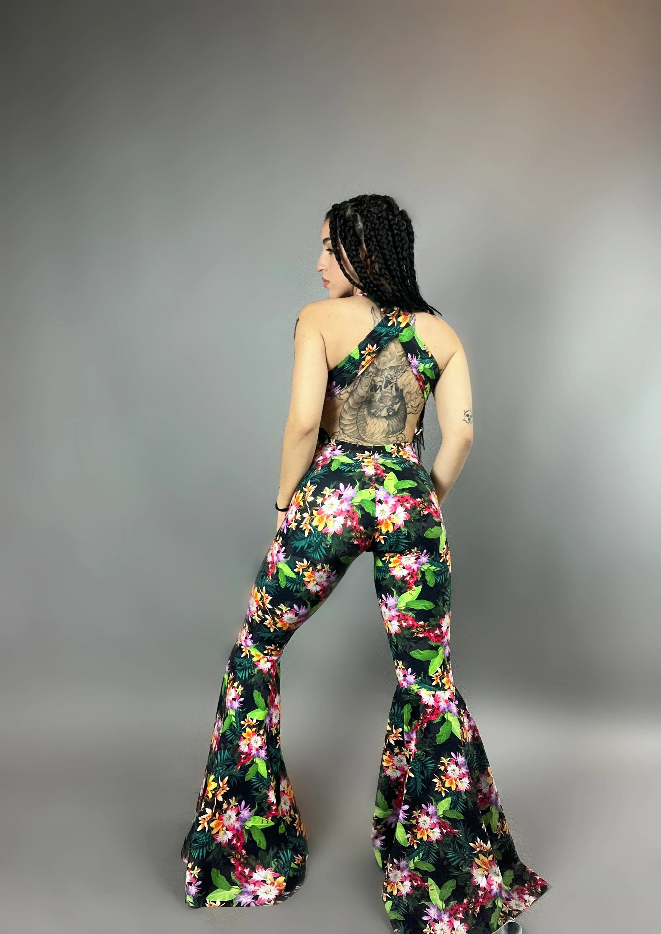 Tropical Floral Bell-Bottom Catsuit, Keyhole Front, Open Back - Image 3