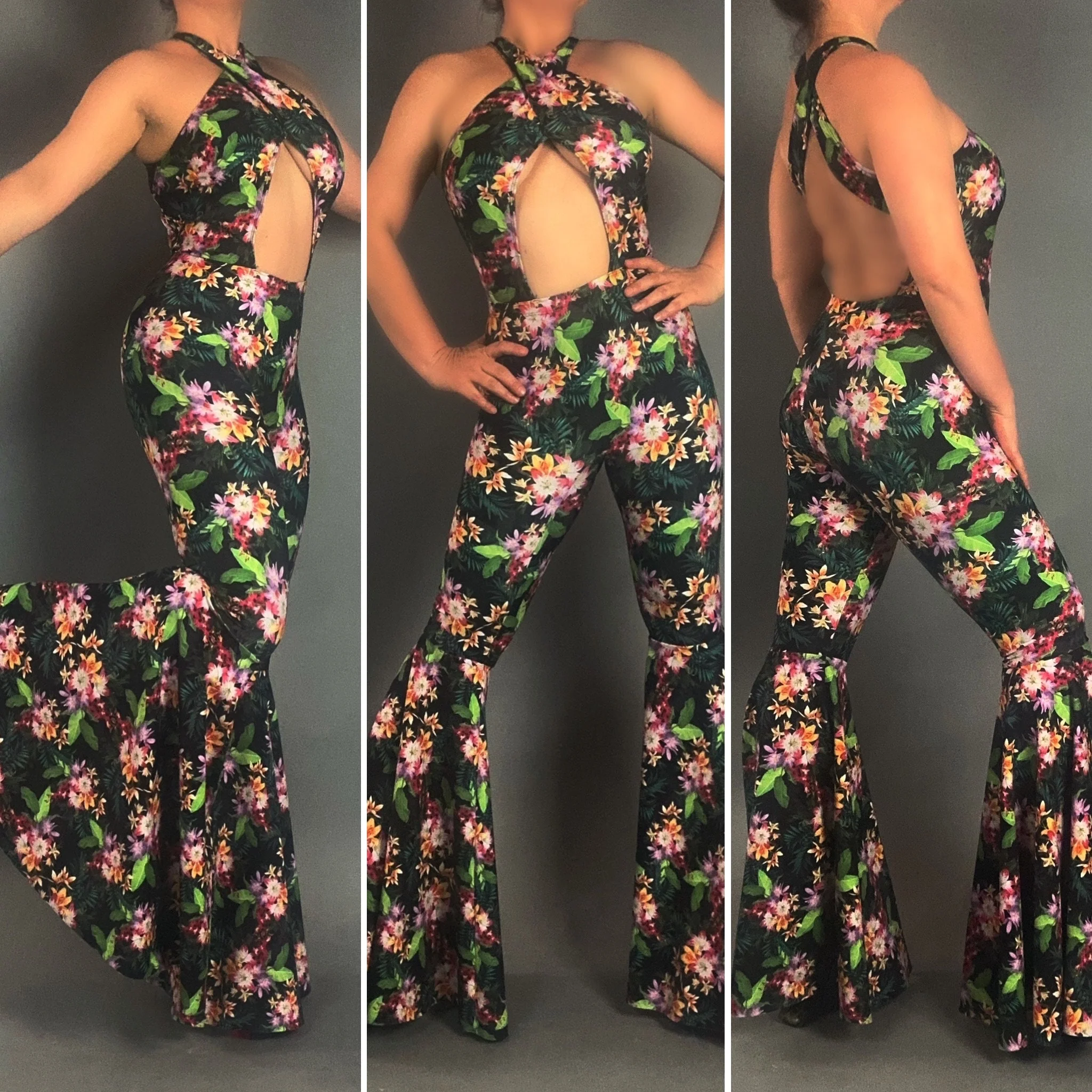 Tropical Floral Bell-Bottom Catsuit, Keyhole Front, Open Back - Image 5