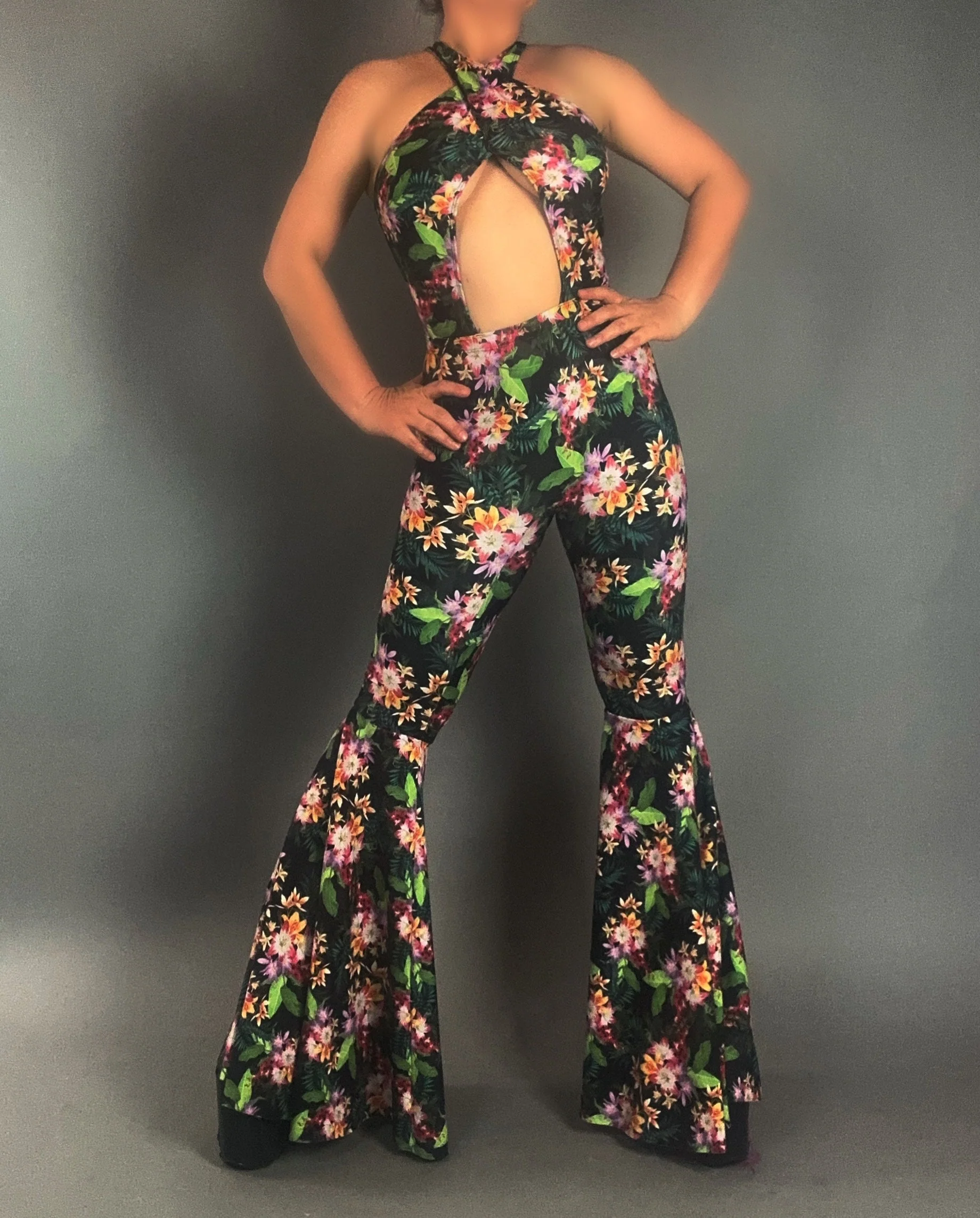 Tropical Floral Bell-Bottom Catsuit, Keyhole Front, Open Back - Image 6