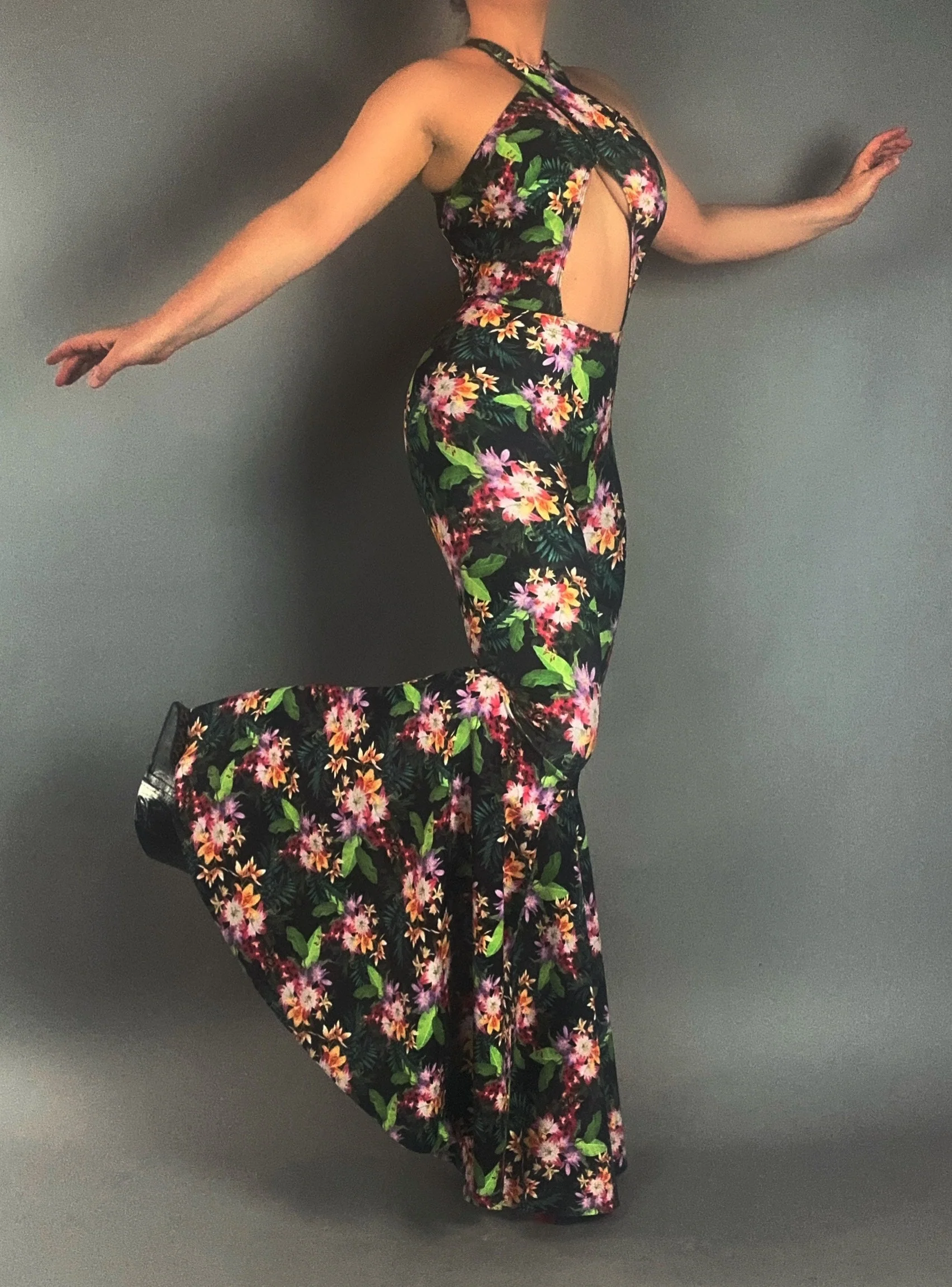 Tropical Floral Bell-Bottom Catsuit, Keyhole Front, Open Back - Image 7