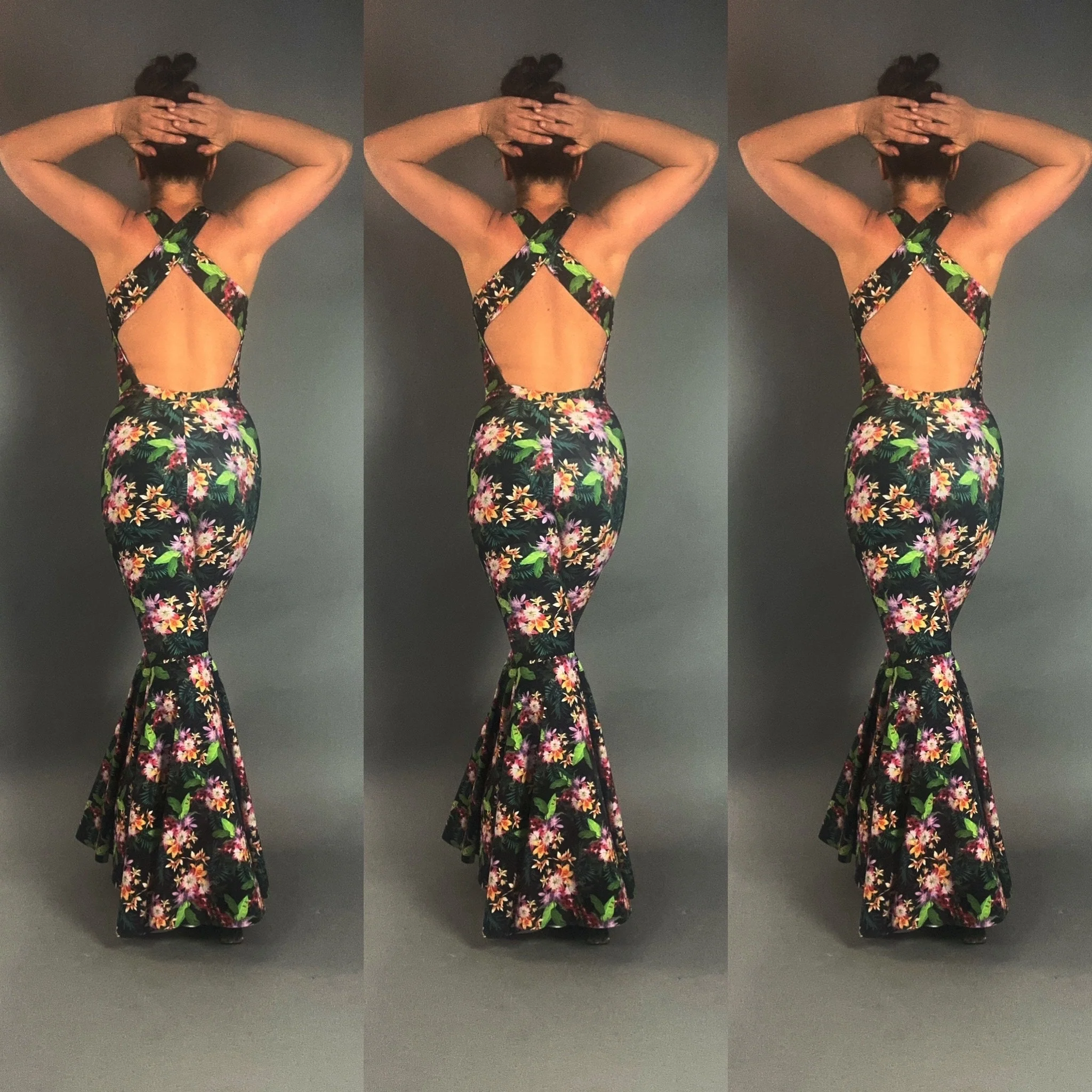Tropical Floral Bell-Bottom Catsuit, Keyhole Front, Open Back - Image 9