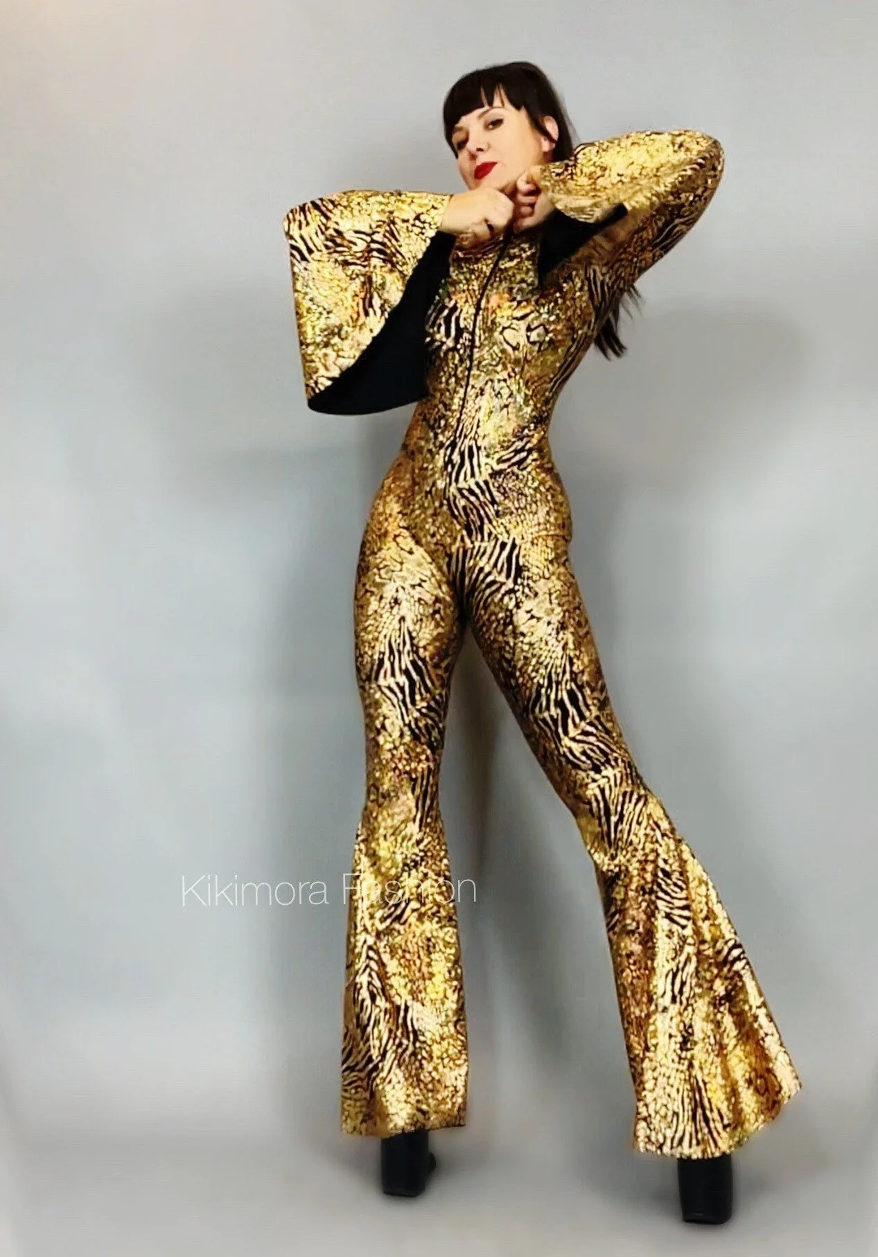 Gold Metallic Jumpsuit, Animal Print Catsuit, Bell Bottom Bodysuit, Flared Sleeve Unitard, 70s Disco Outfit, Retro Party Wear, Front Zipper One Piece - Image 5