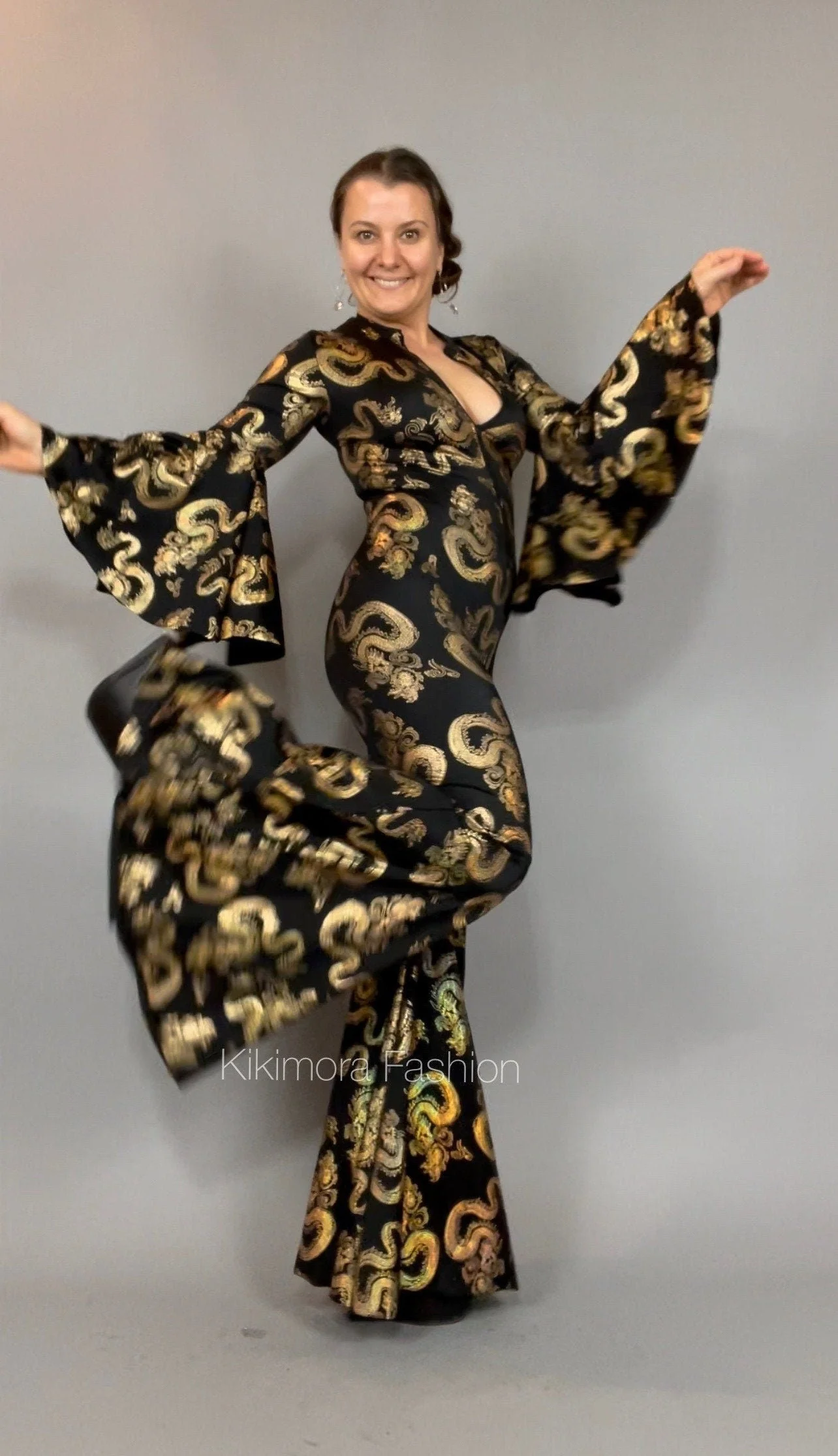 Black Gold Dragon Jumpsuit, Bell Bottom Catsuit, 70s Disco Outfit, Flare Sleeve Bodysuit, Retro Party Wear, Zipper Front Unitard - Image 5