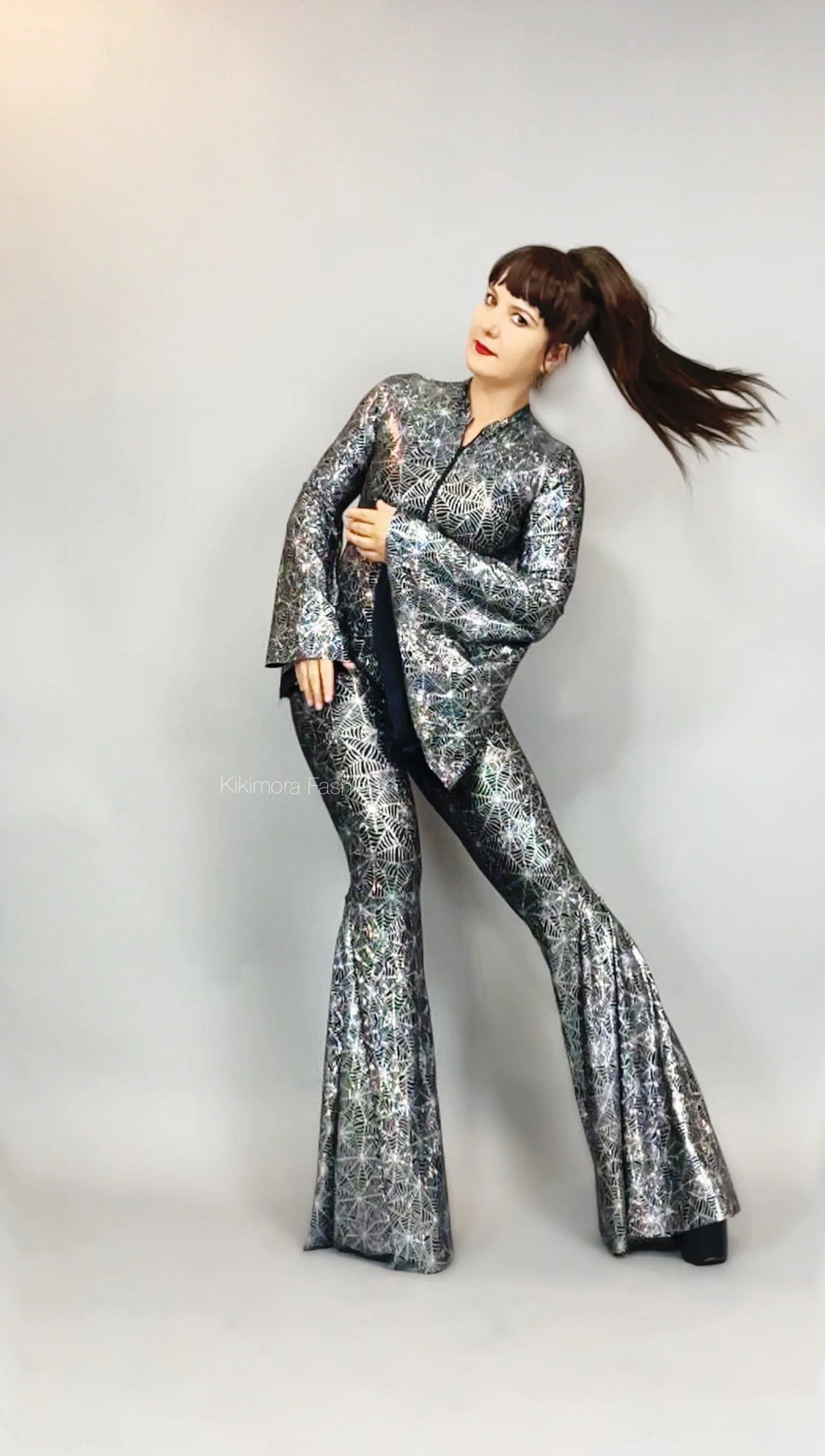 Holographic Spiderweb Bell-Bottom Jumpsuit, Plunging Neckline, Flared Sleeves - Image 5