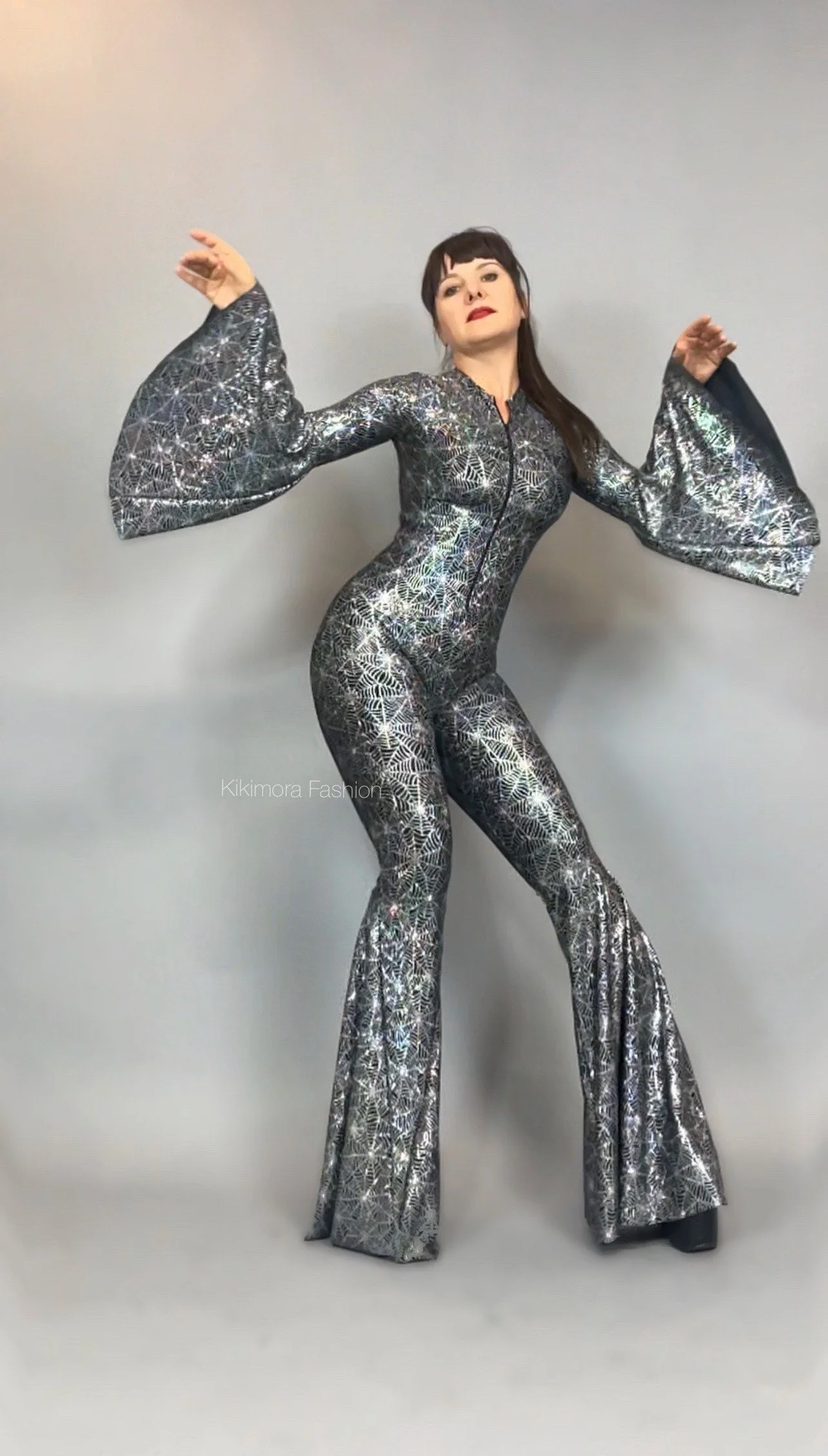 Holographic Spiderweb Bell-Bottom Jumpsuit, Plunging Neckline, Flared Sleeves - Image 9
