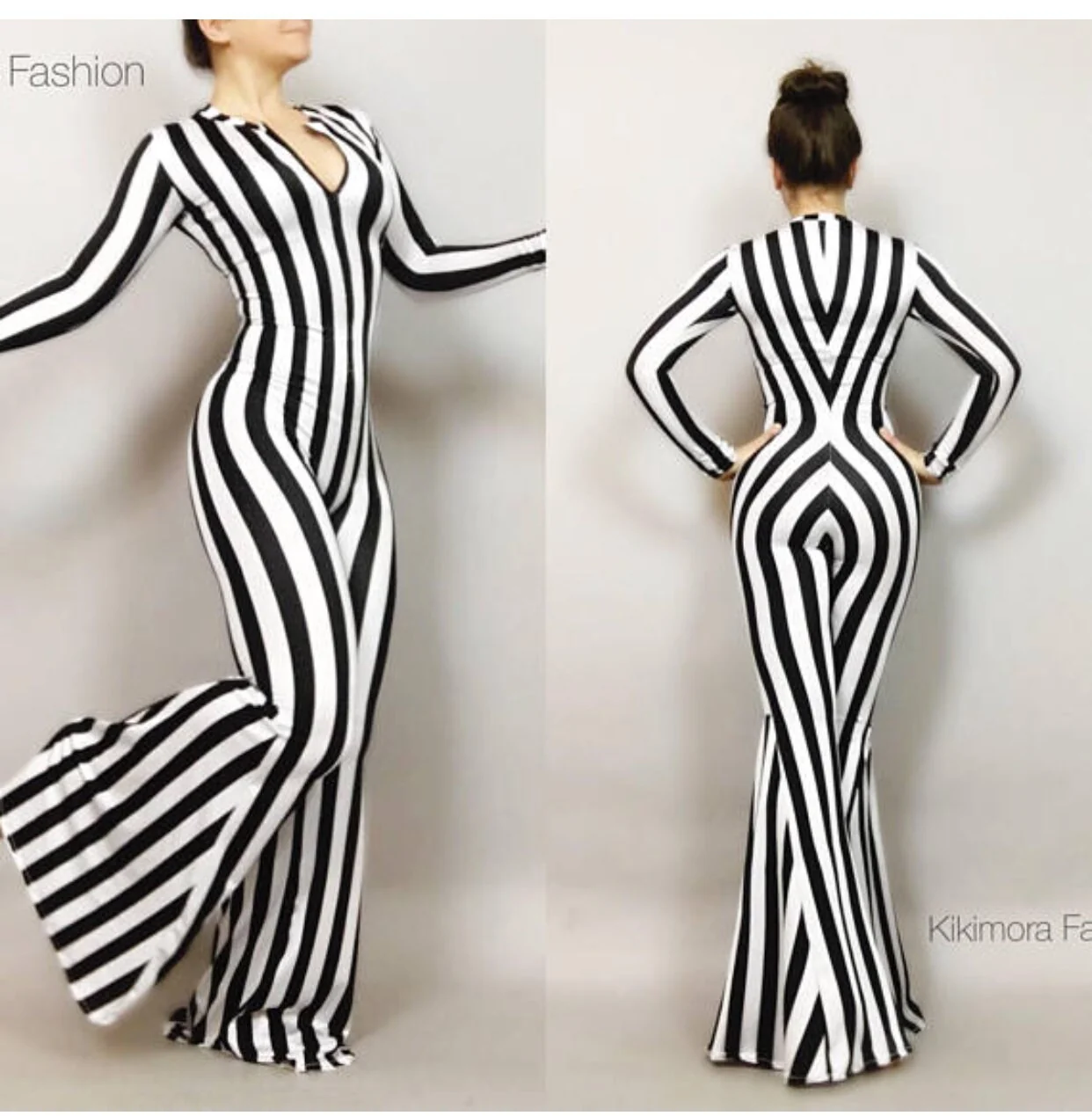 Beetlejuice Black and White Striped Catsuit, Bellbottom Legs, Front Zip - Image 5