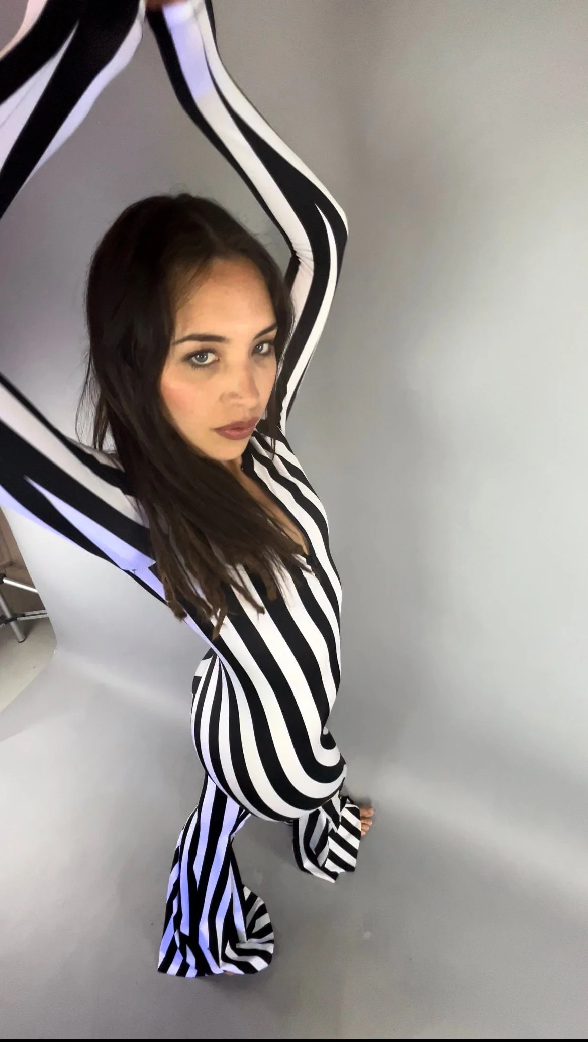 Beetlejuice Black and White Striped Catsuit, Bellbottom Legs, Front Zip - Image 7