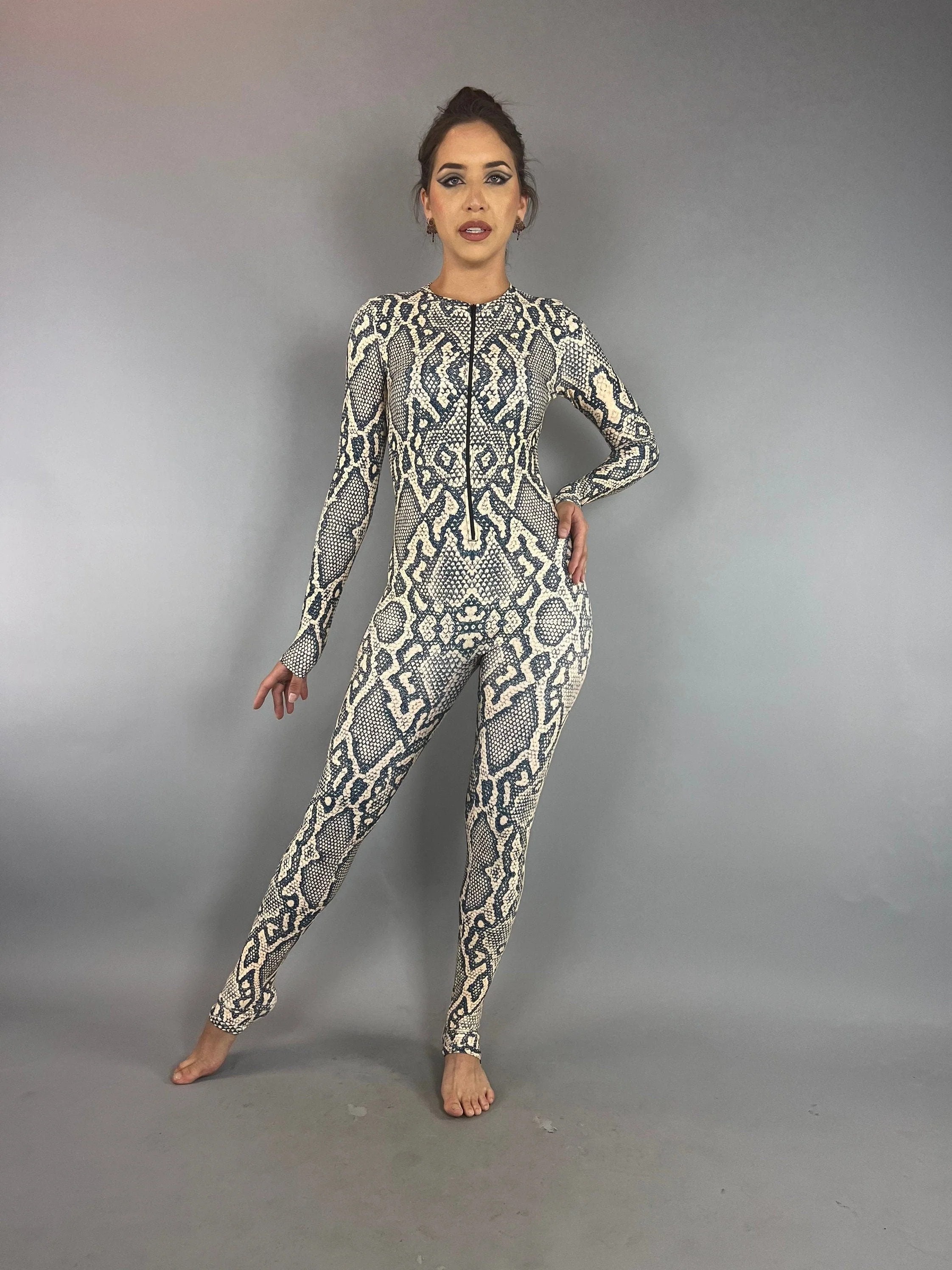 White Snake Print Jumpsuit, Front Zipper Catsuit, Long Sleeve Bodysuit, Water Sports Unitard, Exotic Dancewear, Reptile Pattern Dive Suit - Image 6