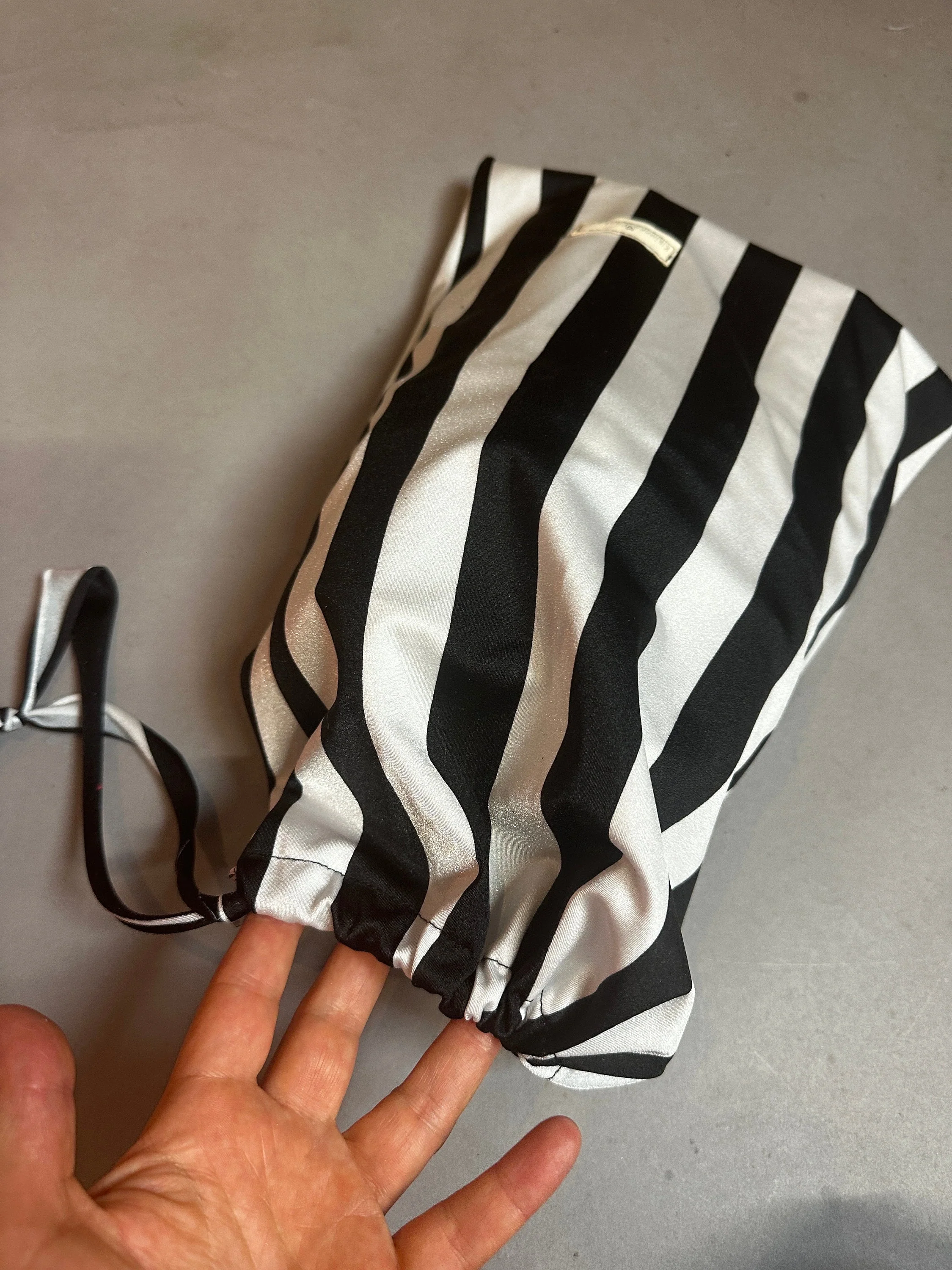 Striped Drawstring Bag, Black and White Pouch, Eco Friendly Recycled Spandex Fabric, Reusable Gift Bag, 12x15 Inch - Image 4