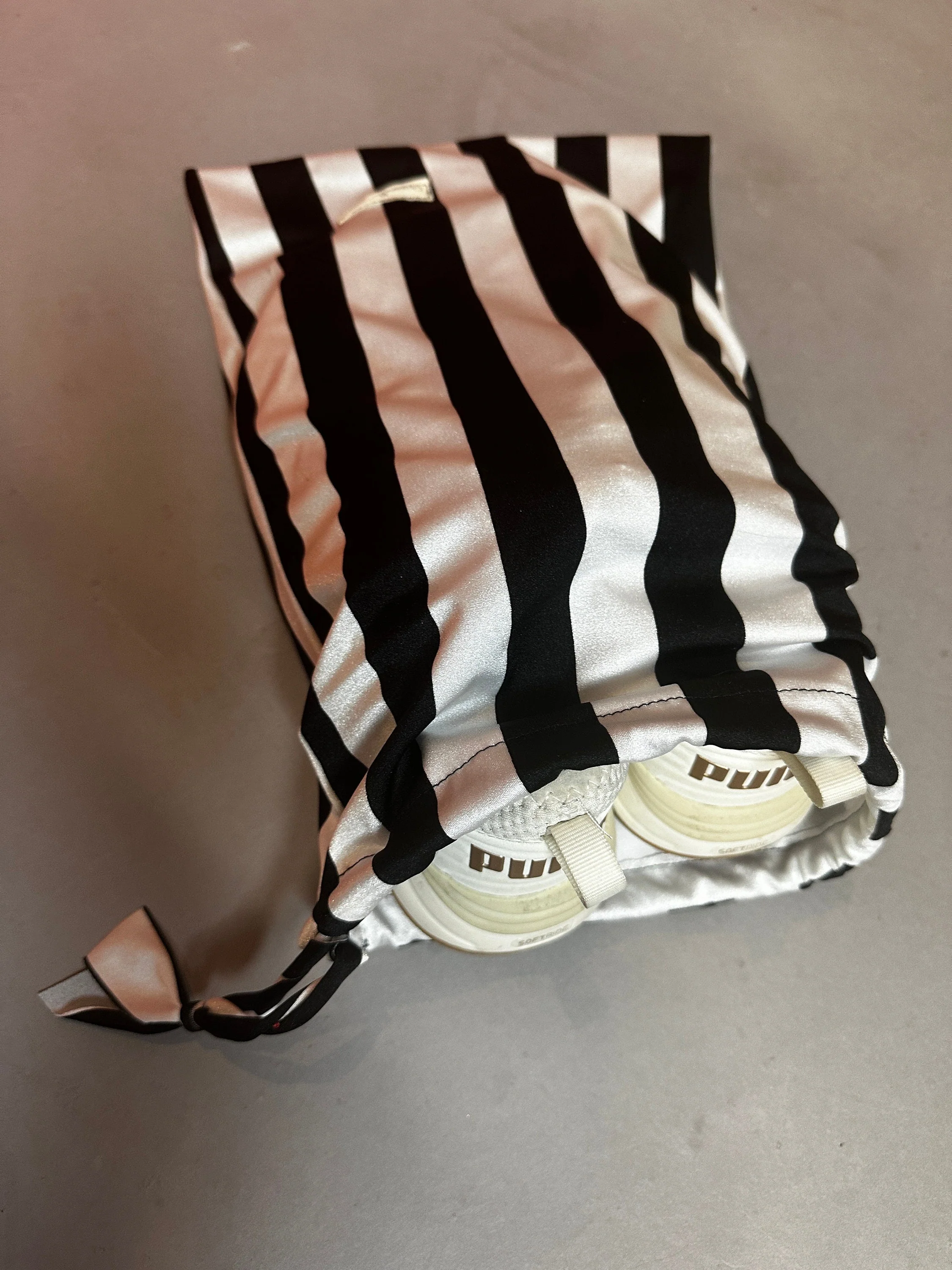 Striped Drawstring Bag, Black and White Pouch, Eco Friendly Recycled Spandex Fabric, Reusable Gift Bag, 12x15 Inch - Image 9