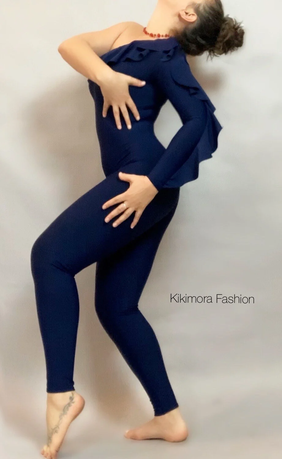 Navy Blue One Shoulder Bodysuit, Asymmetrical Ruffle Catsuit, Stage Dancewear - Image 3