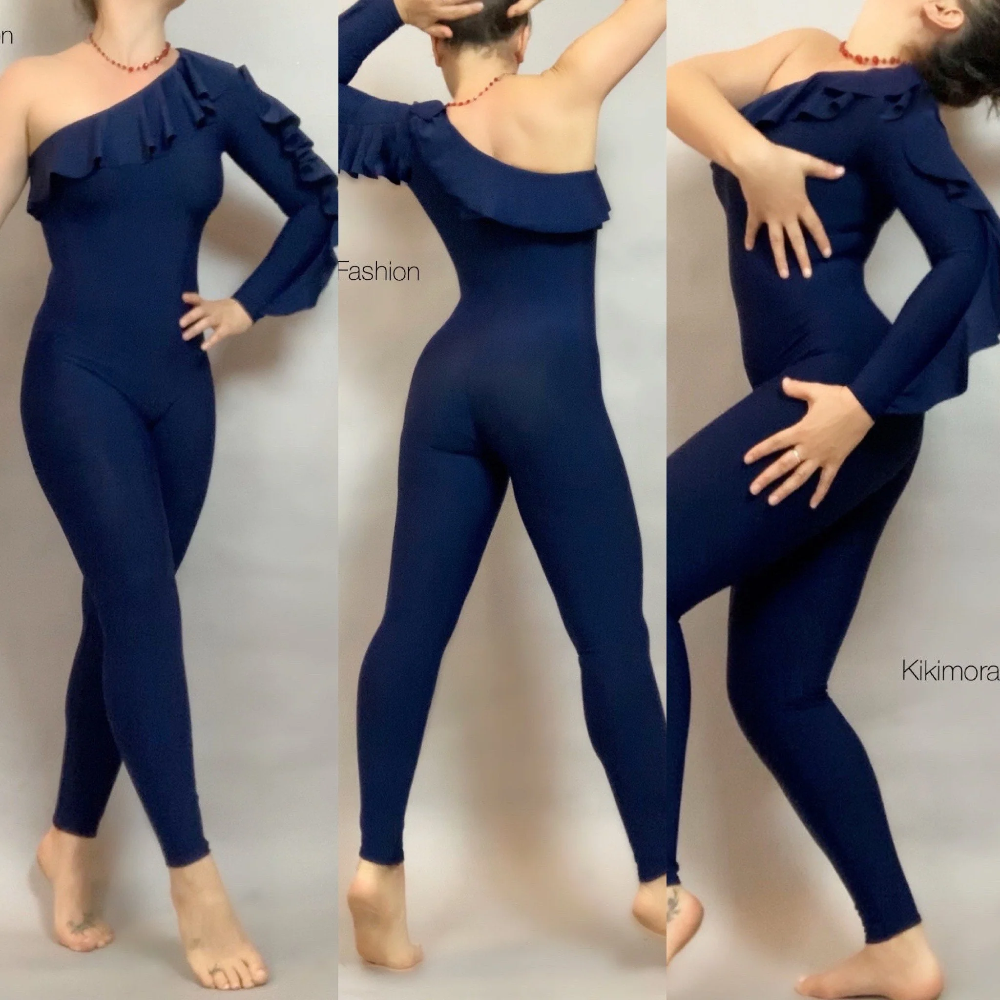Navy Blue One Shoulder Bodysuit, Asymmetrical Ruffle Catsuit, Stage Dancewear - Image 7