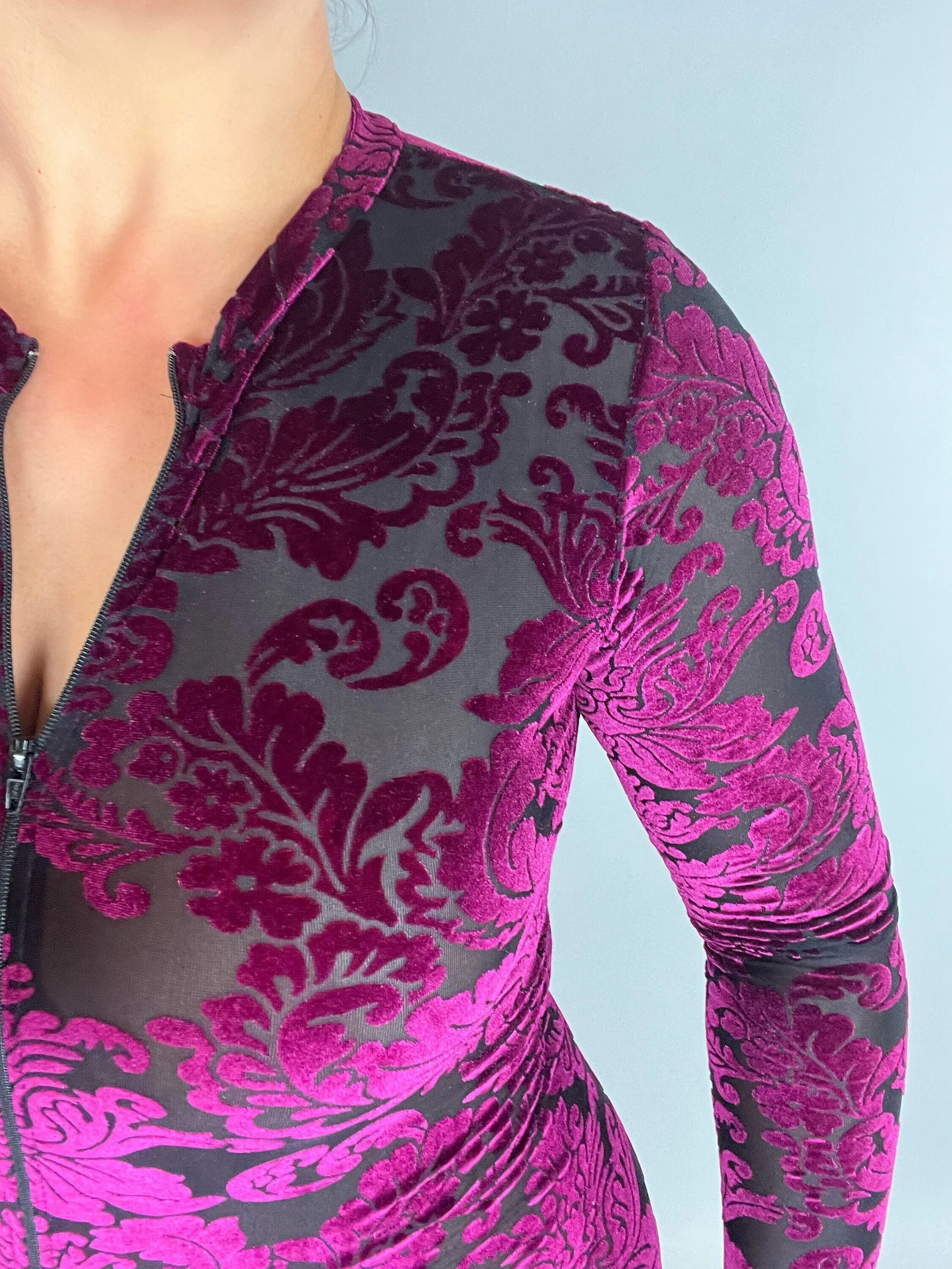 Burgundy Velvet Catsuit, Elegant Catsuit, Exotic Dancewear, Sheer Clothing - Image 4