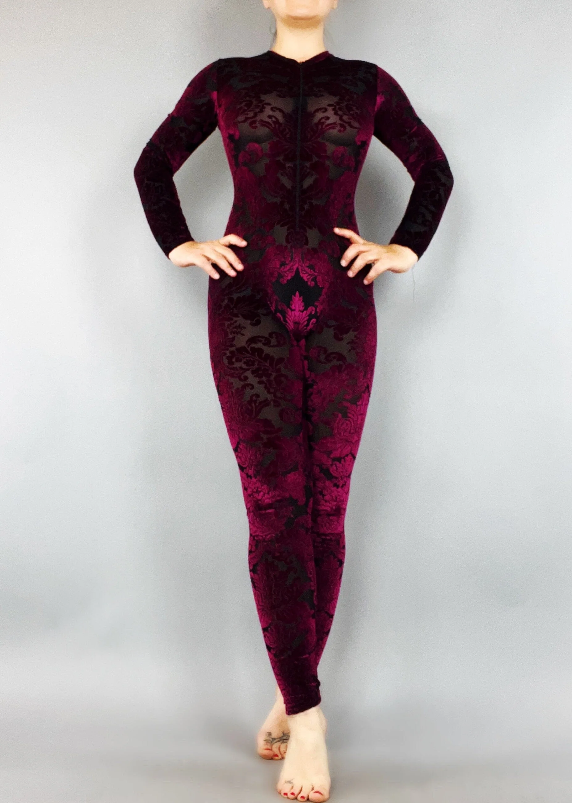 Burgundy Velvet Catsuit, Elegant Catsuit, Exotic Dancewear, Sheer Clothing - Image 6