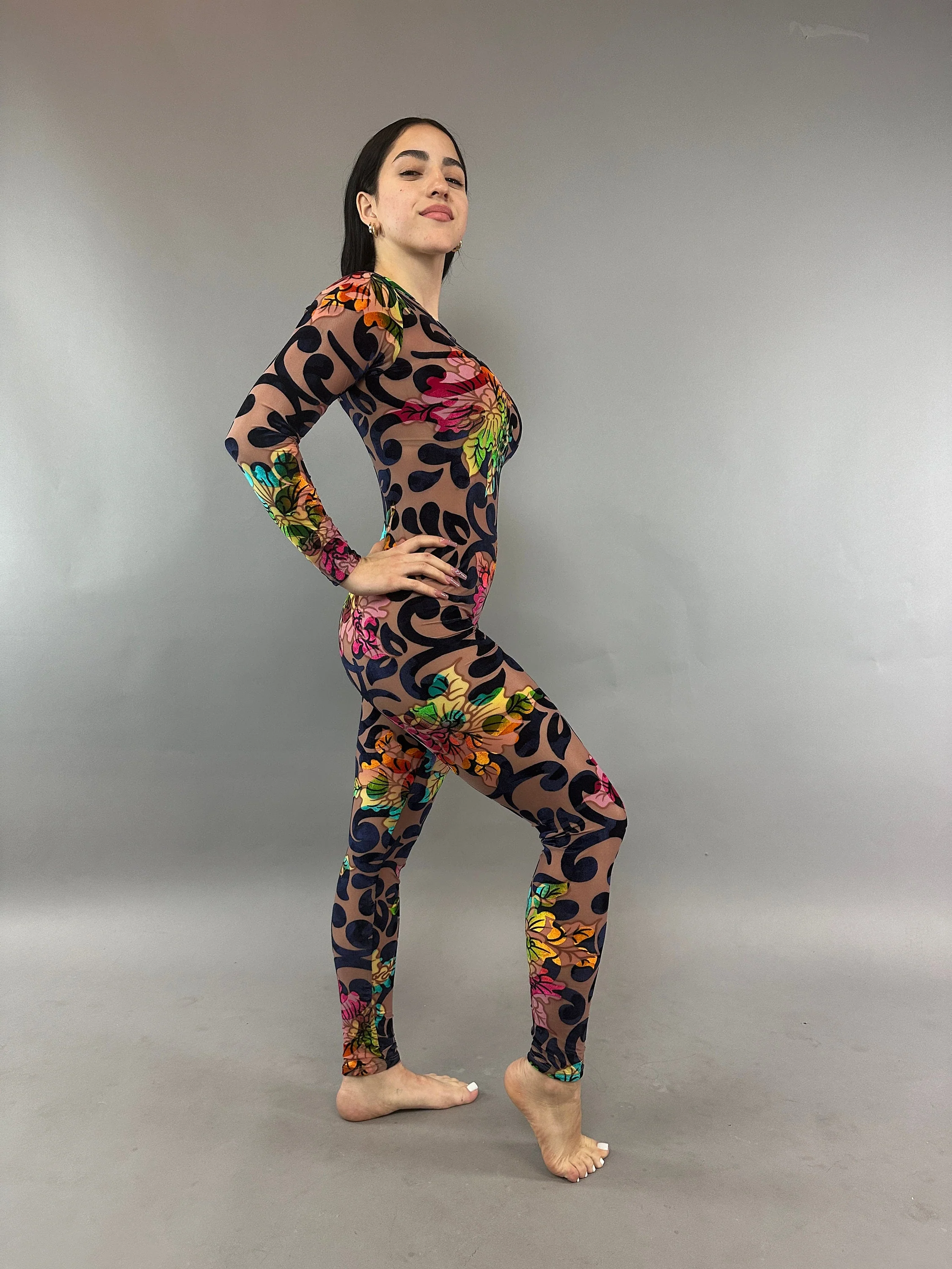 Multicolor Flower on Nude Catsuit, Scoop Neck, Long Sleeves - Image 4