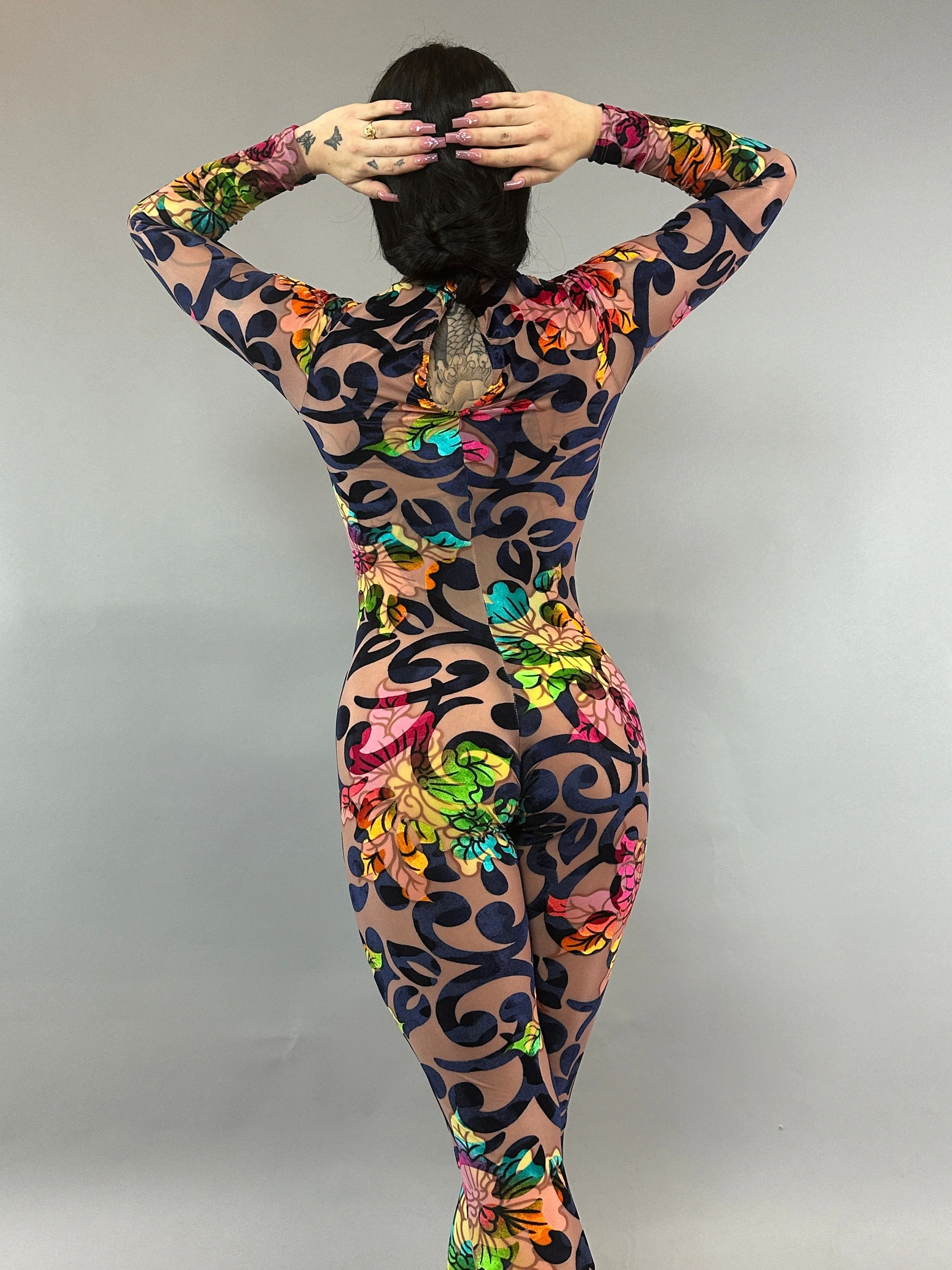 Multicolor Flower on Nude Catsuit, Scoop Neck, Long Sleeves - Image 7