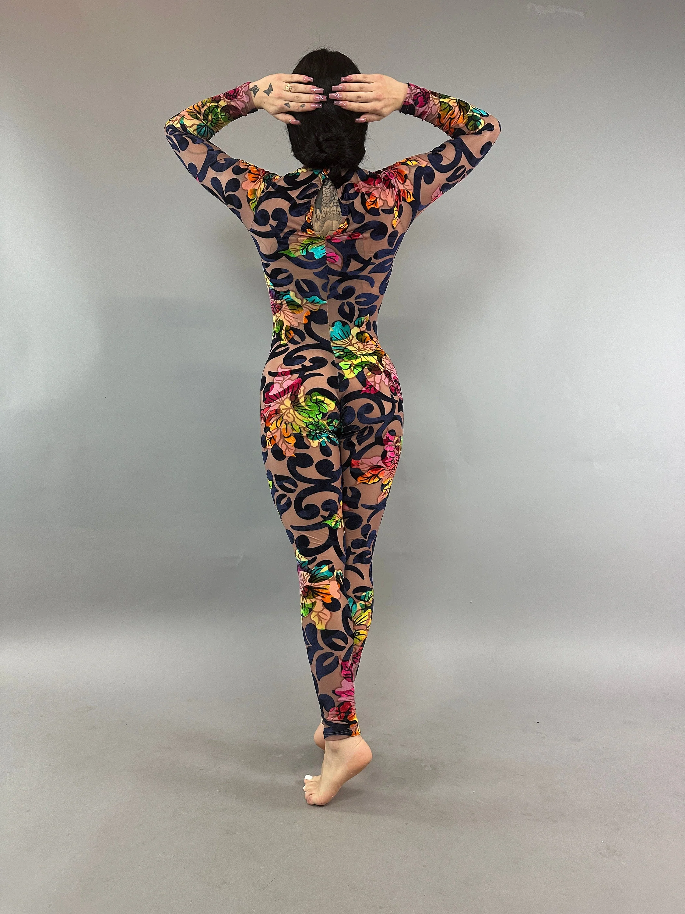Multicolor Flower on Nude Catsuit, Scoop Neck, Long Sleeves - Image 9