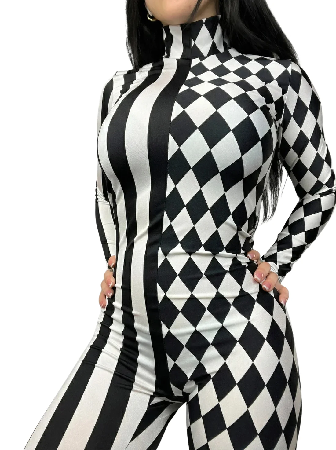 Black and White Split Fabric Catsuit, Stripes and Diamond Jumpsuit, Full Sleeves, Turtleneck - Image 12