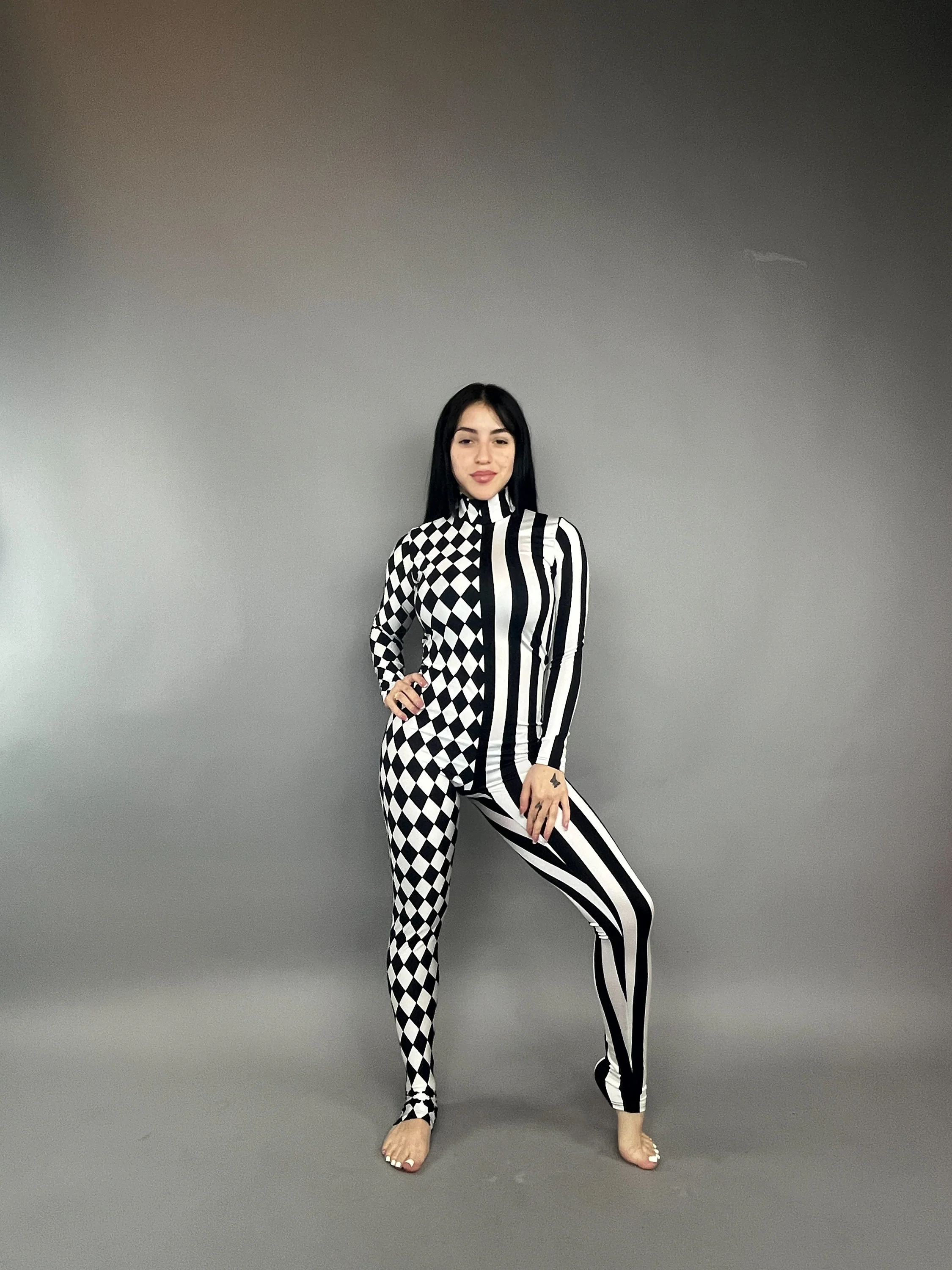 Black and White Split Fabric Catsuit, Stripes and Diamond Jumpsuit, Full Sleeves, Turtleneck - Image 7