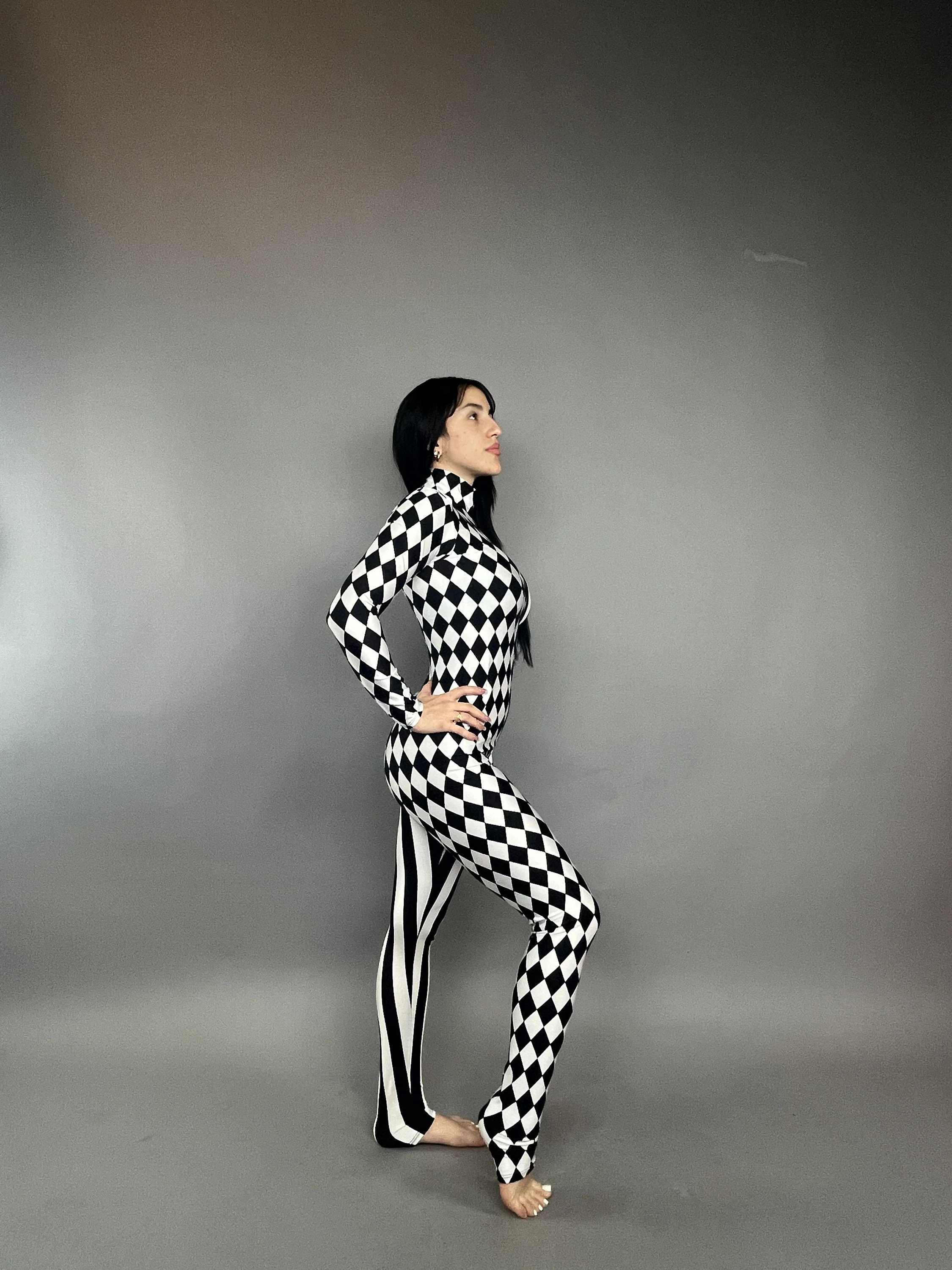 Black and White Split Fabric Catsuit, Stripes and Diamond Jumpsuit, Full Sleeves, Turtleneck - Image 9