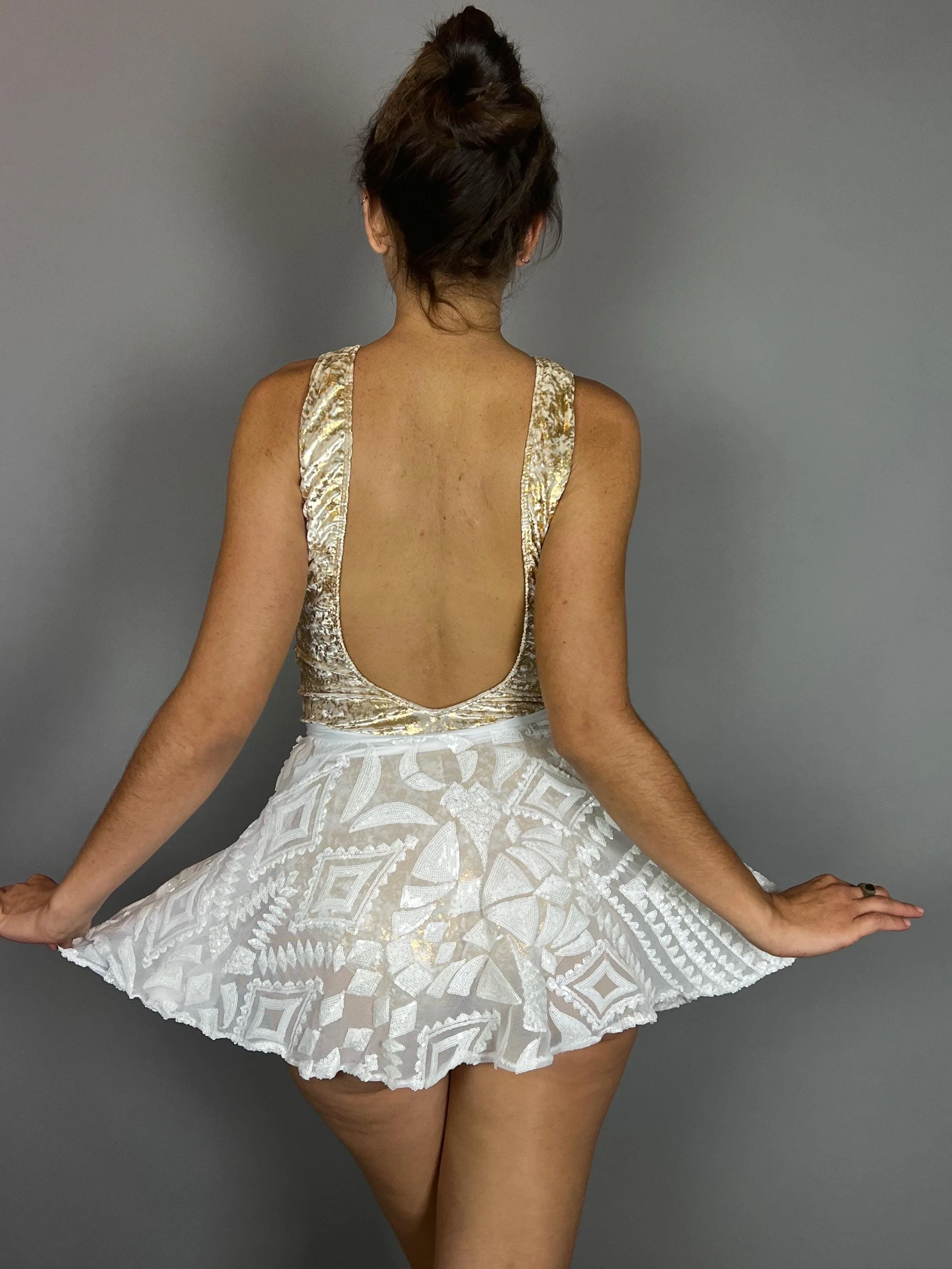 Gold Leotard, Open Back, V-Mesh Neckline - Image 8