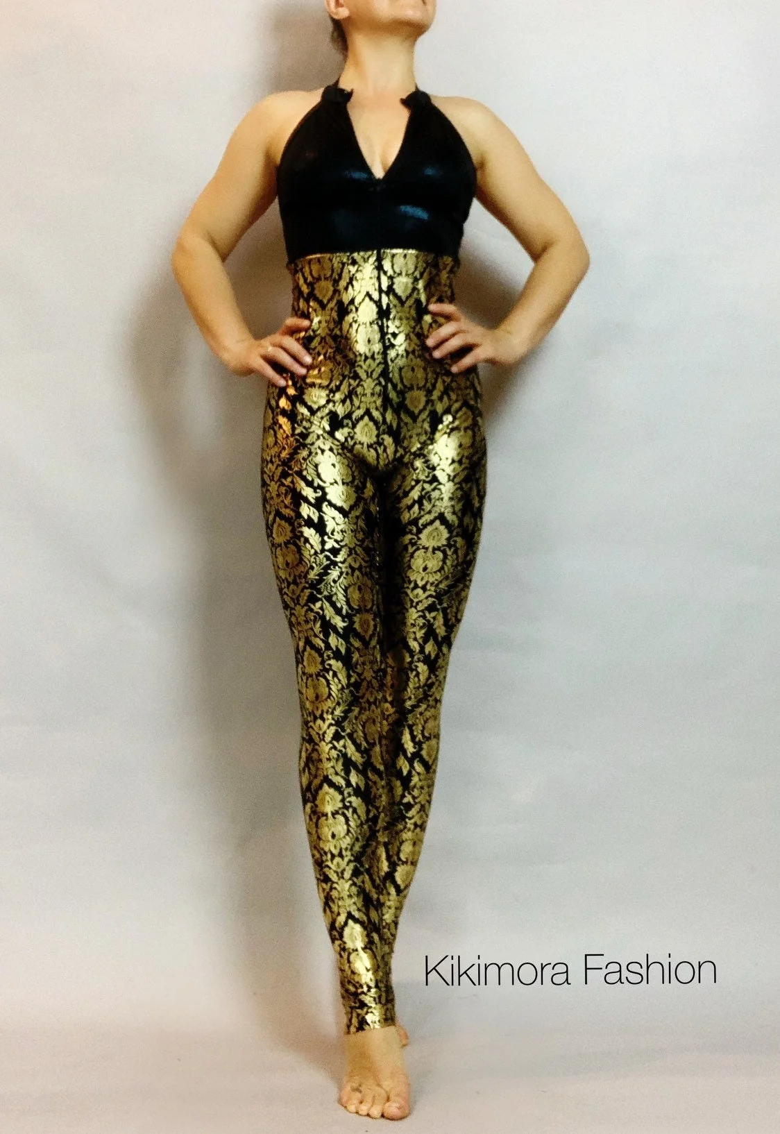 Black and Gold Sleeveless Catsuit, Halterneck, Backless, Sleeveless - Image 3