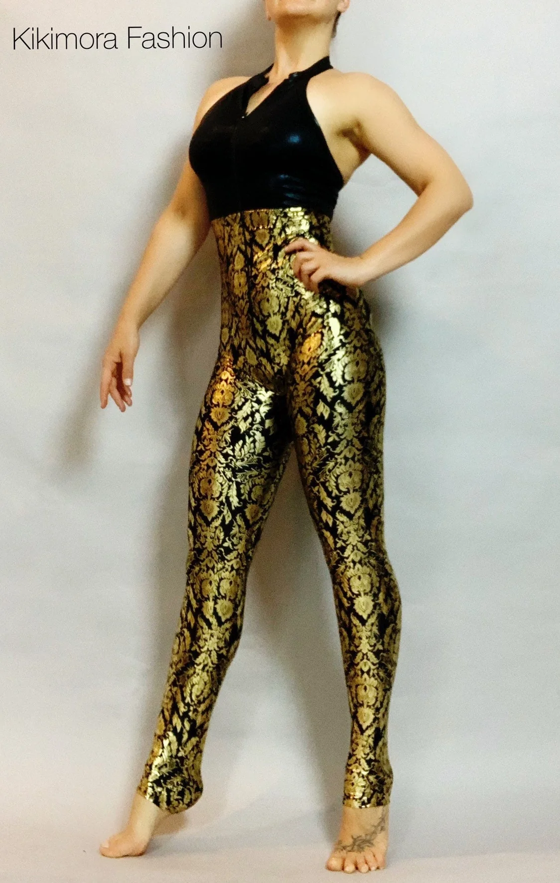 Black and Gold Sleeveless Catsuit, Halterneck, Backless, Sleeveless - Image 9