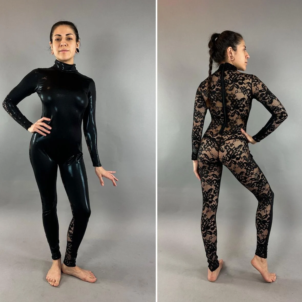 Black Lace Catsuit for Performers, Faux Leather & Sheer Floral Lace Jumpsuit, Mock Neck Long Sleeve Bodysuit, Stretch Spandex Wet Look Unitard for Festivals & Events - Image 4