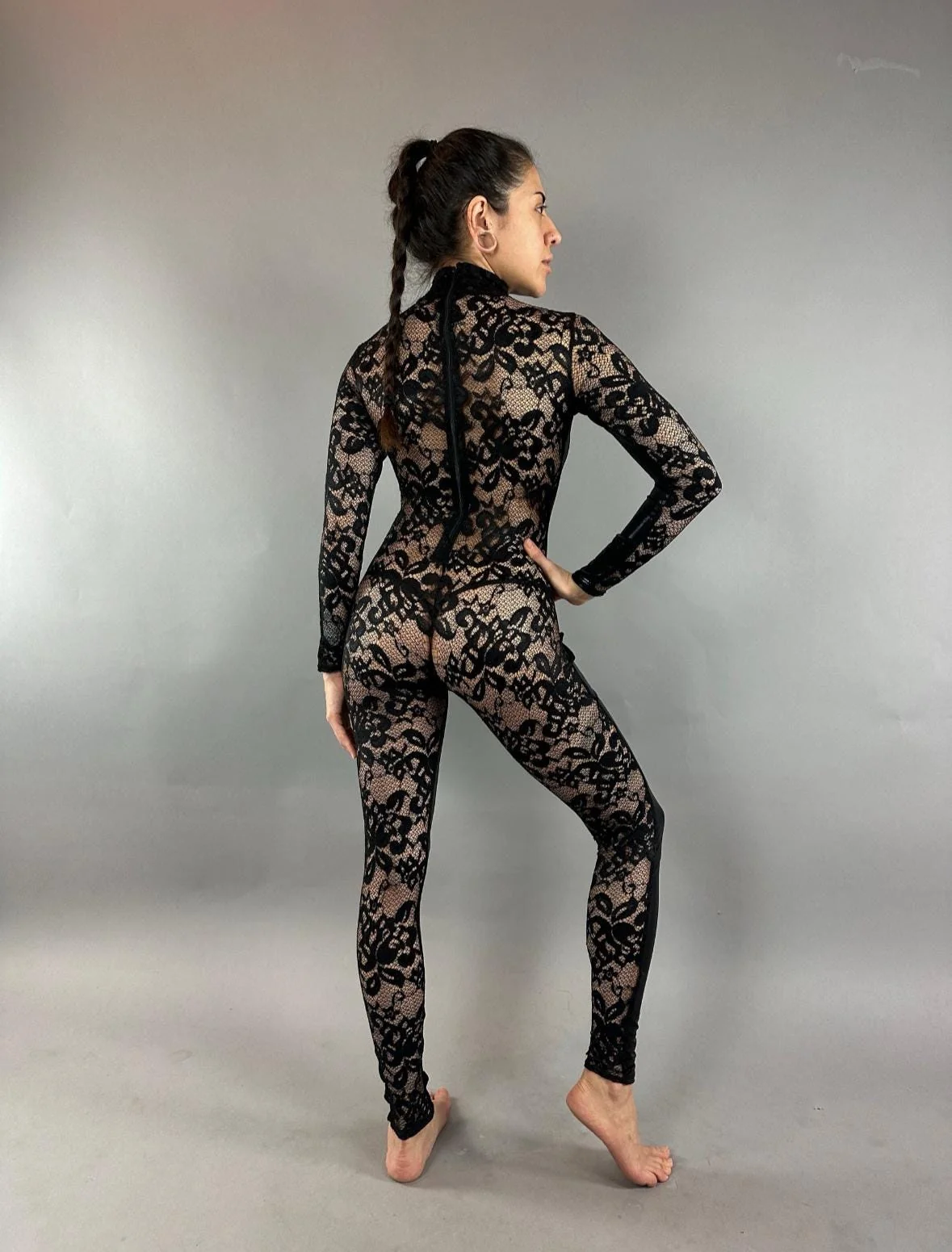 Black Lace Catsuit for Performers, Faux Leather & Sheer Floral Lace Jumpsuit, Mock Neck Long Sleeve Bodysuit, Stretch Spandex Wet Look Unitard for Festivals & Events - Image 6