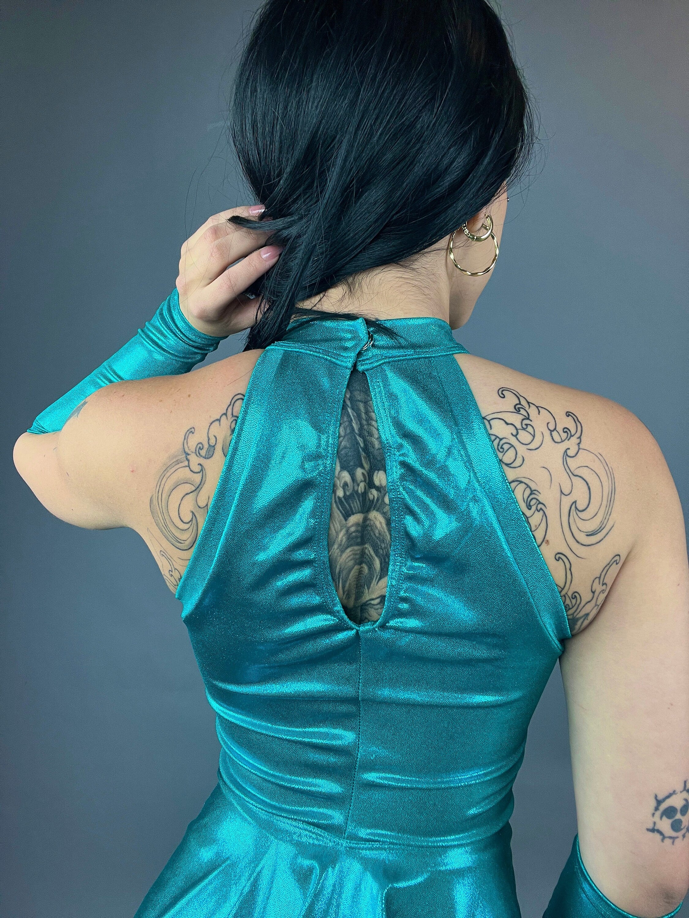 Exotic Dance Wear, Aqua Blue Spandex Leotard, Skirted Bodysuit, Circus Costume, Halter Neck Dancewear, Shiny Festival Outfit - Image 9