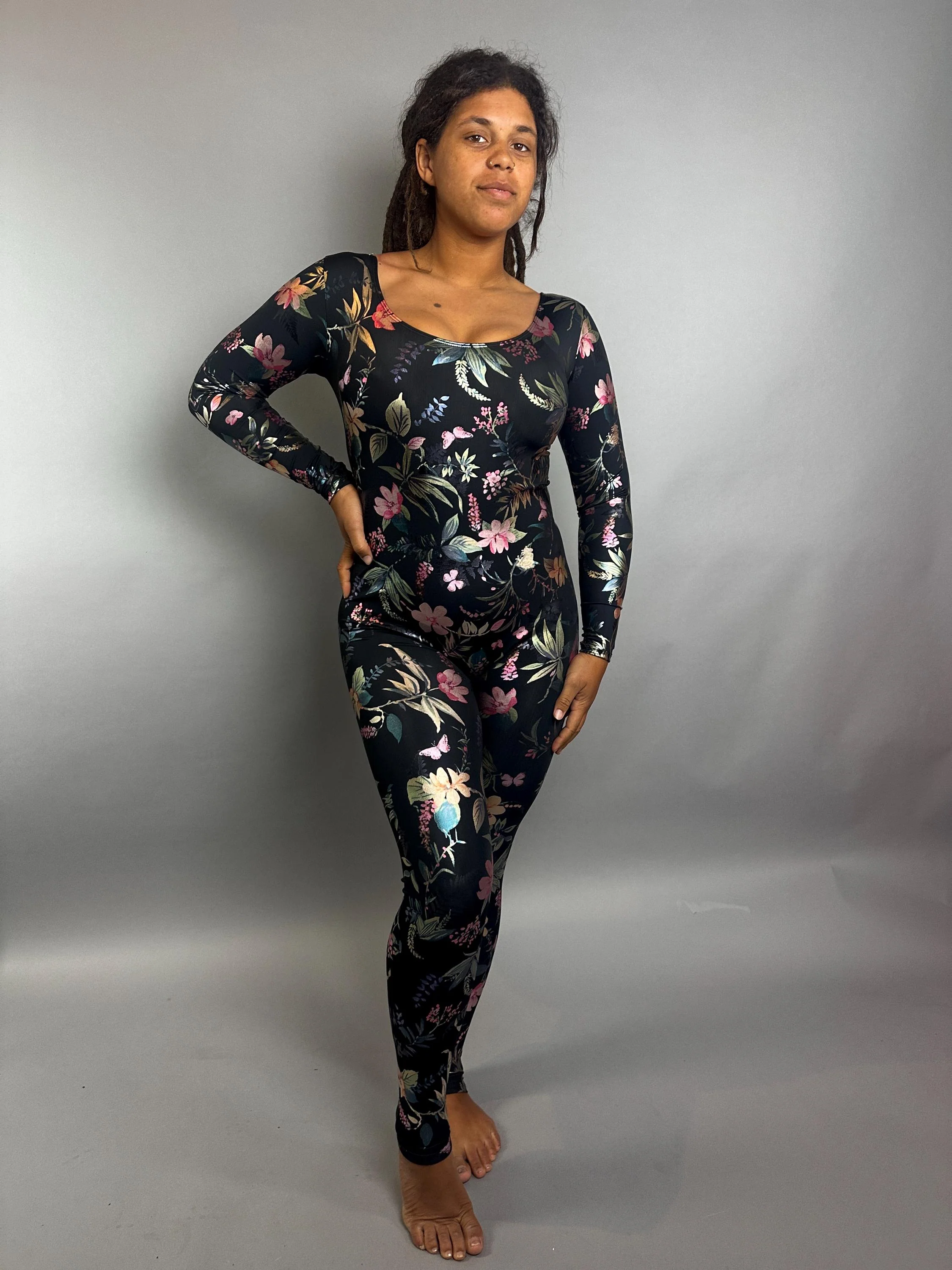 Floral Print Jumpsuit for Performers, Long Sleeve Black Catsuit with Botanical Pattern, Scoop Neck Bodysuit in Shimmer Stretch Spandex Fabric, Full Length Unitard for Dance, Yoga, Festivals & Events