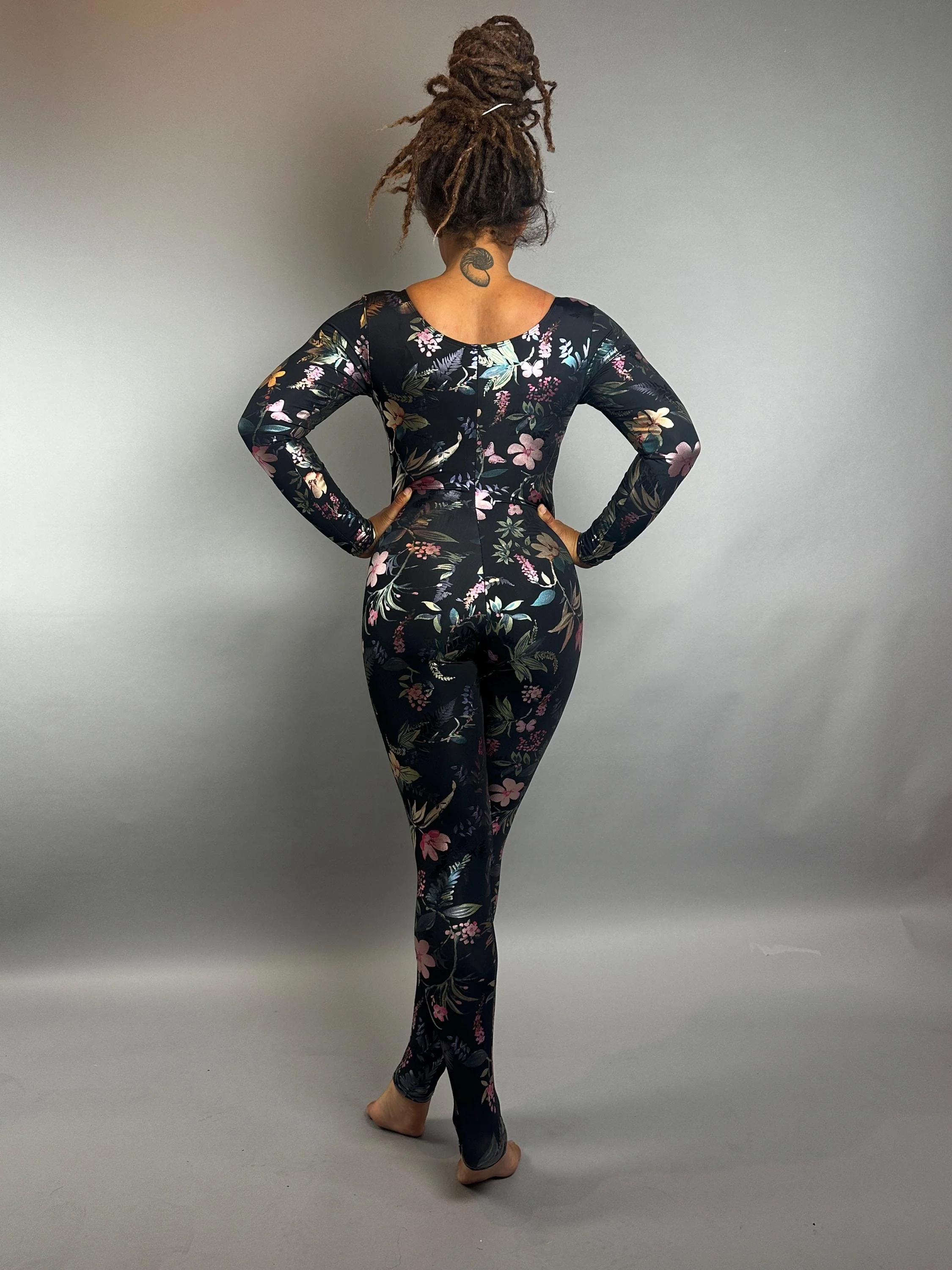 Floral Print Jumpsuit for Performers, Long Sleeve Black Catsuit with Botanical Pattern, Scoop Neck Bodysuit in Shimmer Stretch Spandex Fabric, Full Length Unitard for Dance, Yoga, Festivals & Events - Image 10