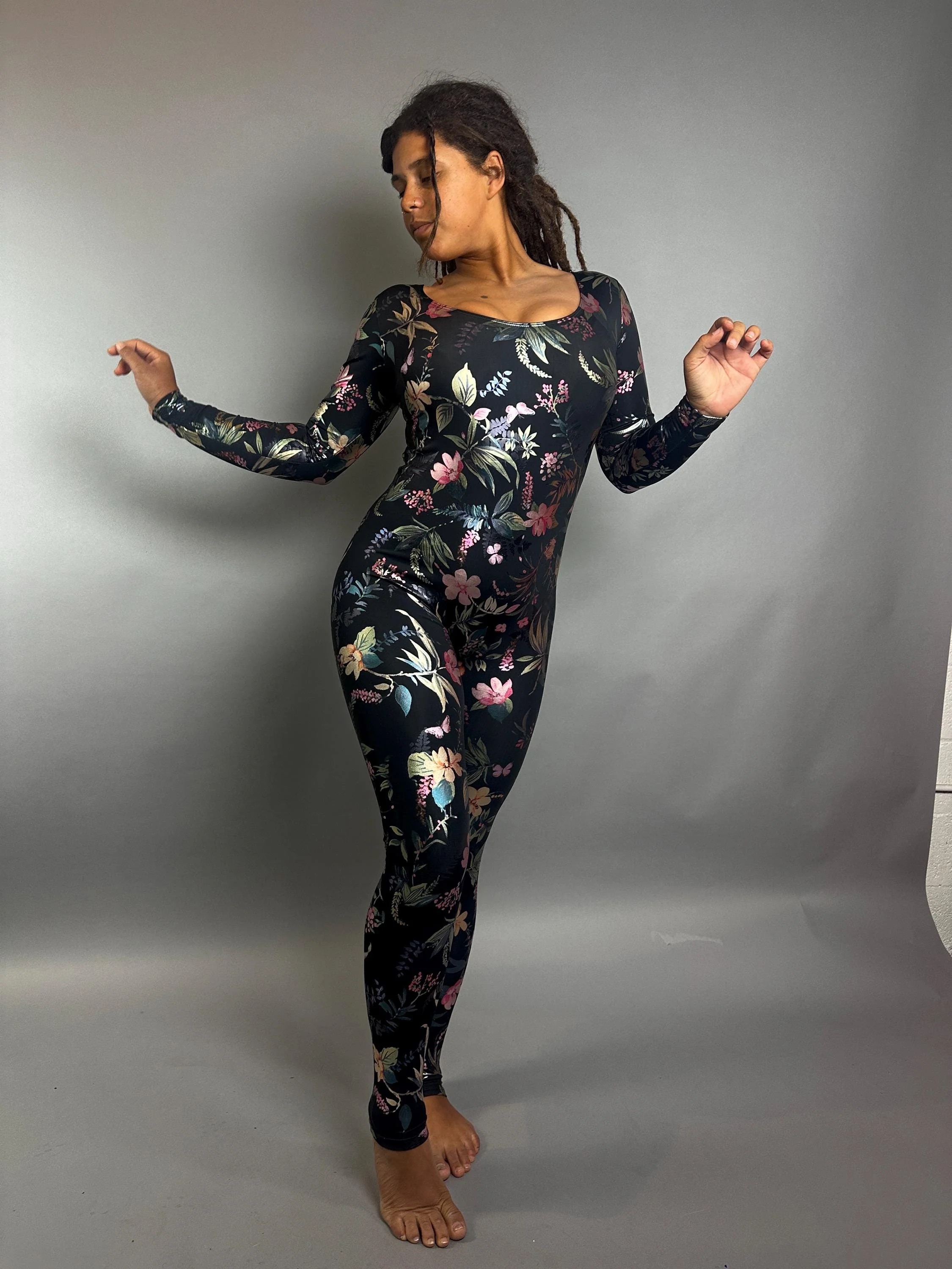 Floral Print Jumpsuit for Performers, Long Sleeve Black Catsuit with Botanical Pattern, Scoop Neck Bodysuit in Shimmer Stretch Spandex Fabric, Full Length Unitard for Dance, Yoga, Festivals & Events - Image 3