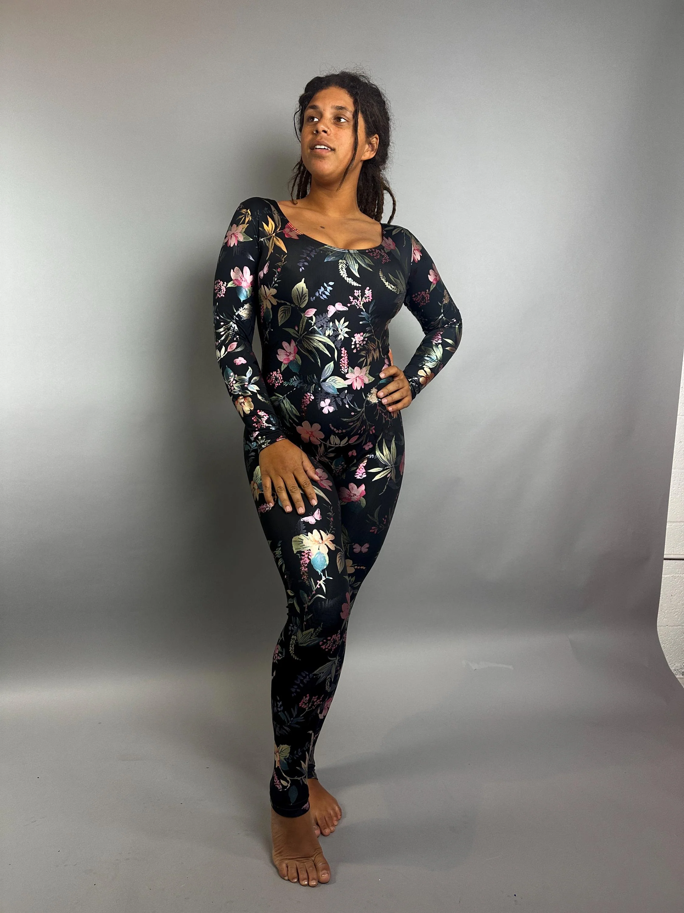 Floral Print Jumpsuit for Performers, Long Sleeve Black Catsuit with Botanical Pattern, Scoop Neck Bodysuit in Shimmer Stretch Spandex Fabric, Full Length Unitard for Dance, Yoga, Festivals & Events - Image 4