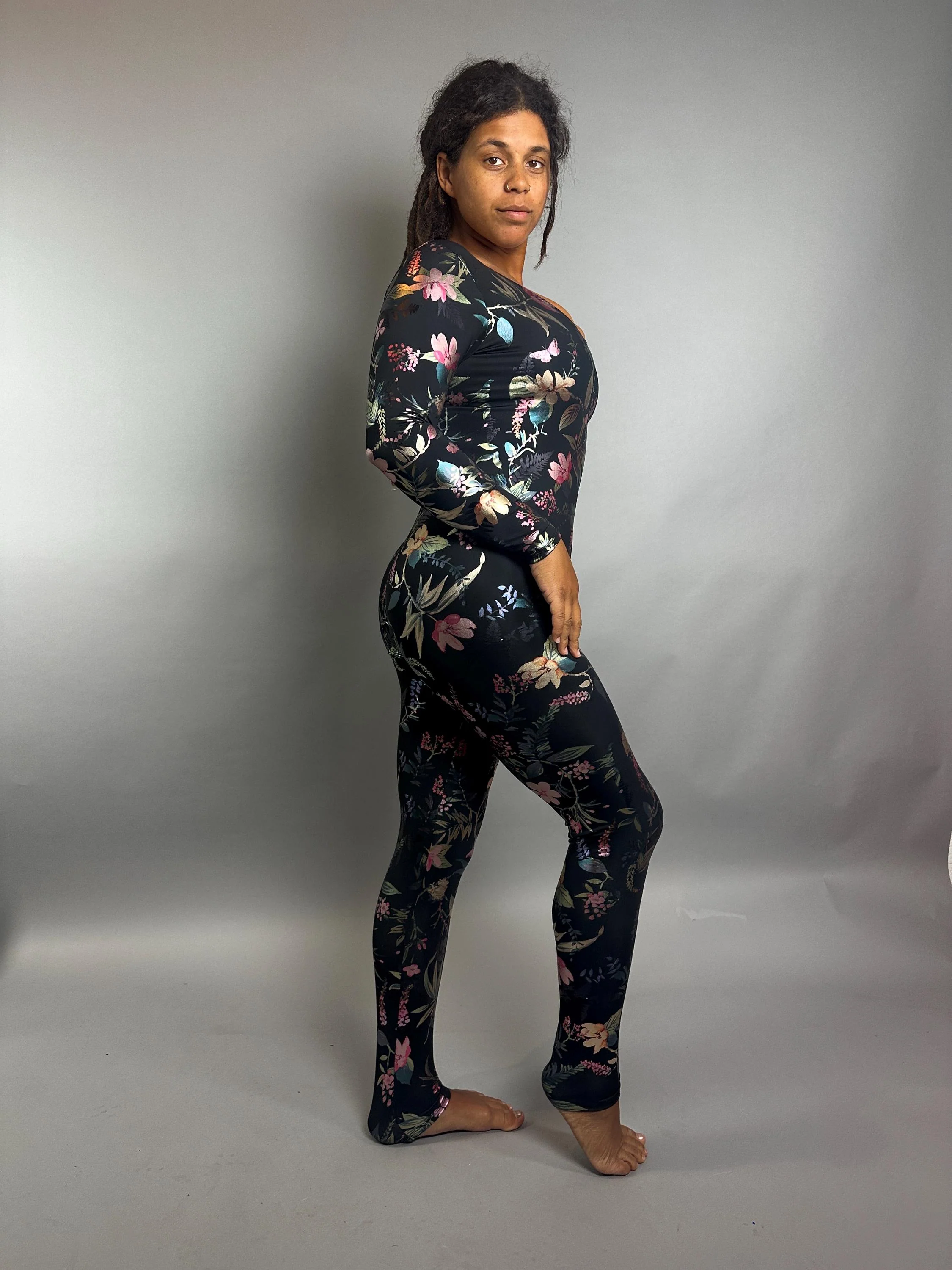 Floral Print Jumpsuit for Performers, Long Sleeve Black Catsuit with Botanical Pattern, Scoop Neck Bodysuit in Shimmer Stretch Spandex Fabric, Full Length Unitard for Dance, Yoga, Festivals & Events - Image 9