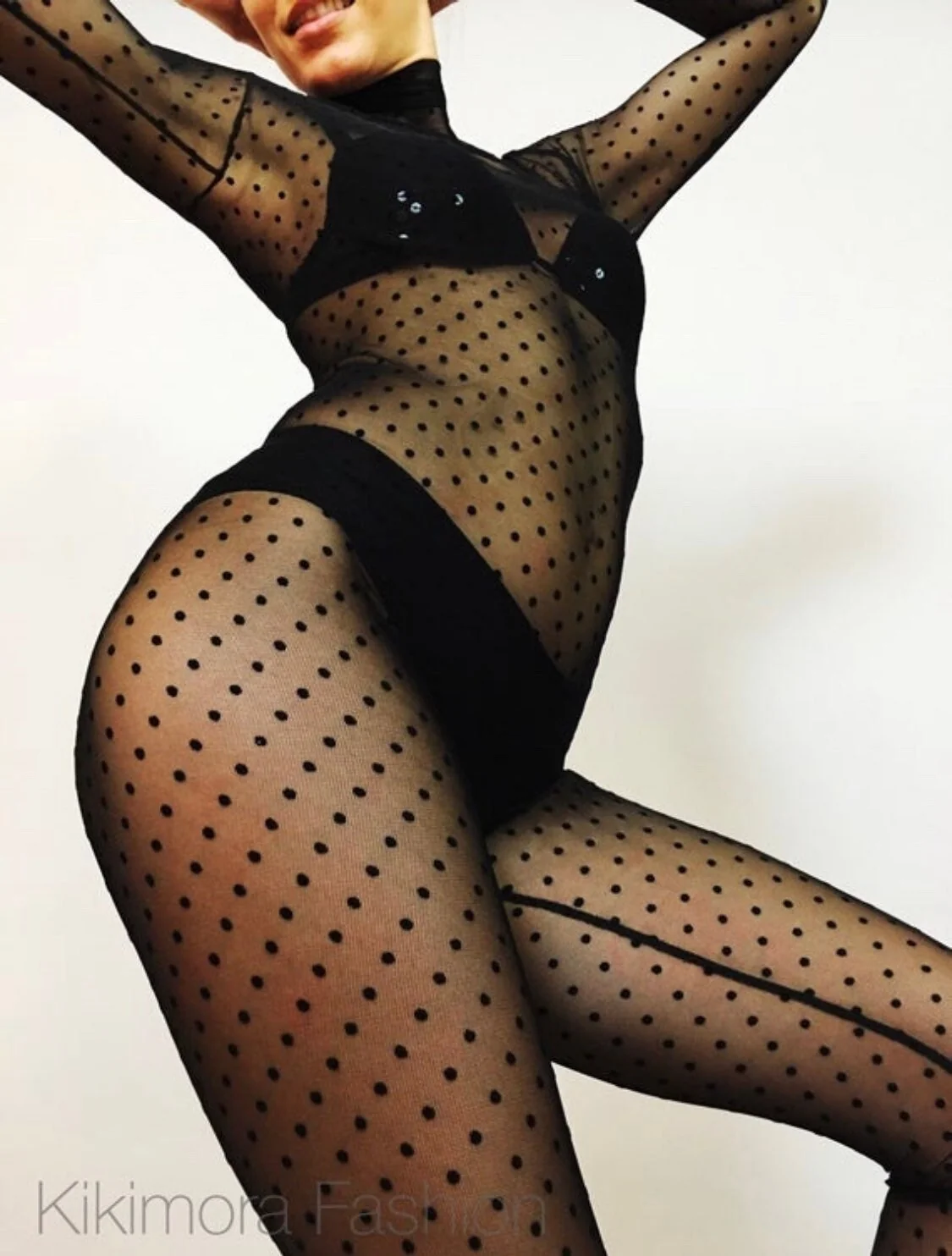 Sheer Black Polka Dot Jumpsuit, Mesh Catsuit, Burlesque Costume, Long Sleeve Unitard, See Through Bodysuit, Circus Performer Outfit - Image 7