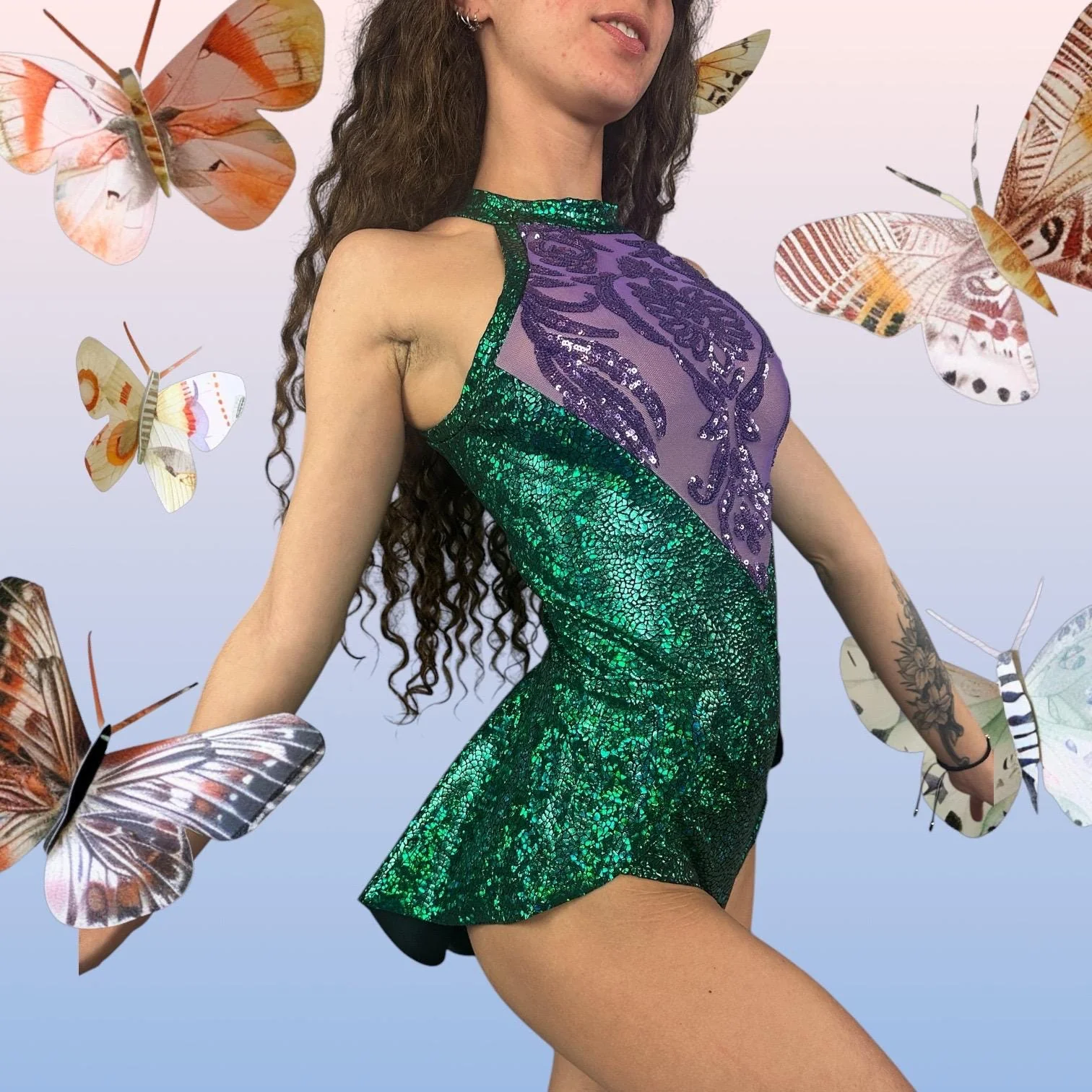 Shattered Emerald Skater Leotard, Halter Neck, Sheer Sequin - Image 4