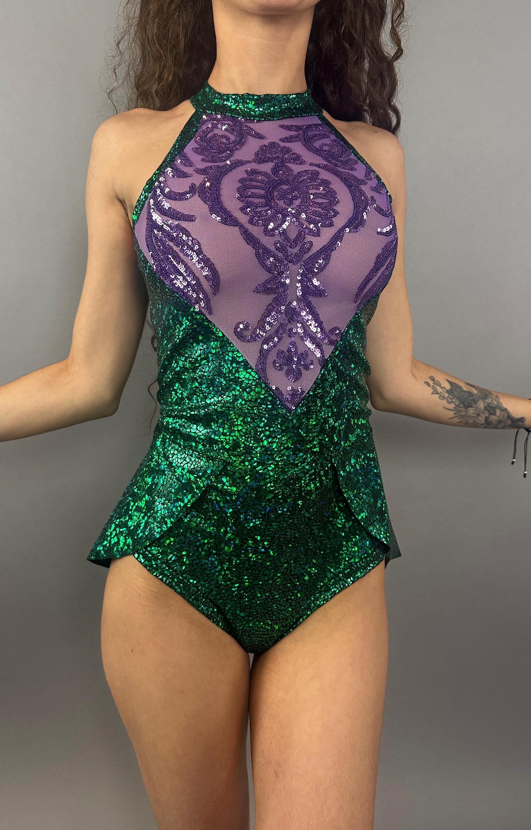 Shattered Emerald Skater Leotard, Halter Neck, Sheer Sequin - Image 5