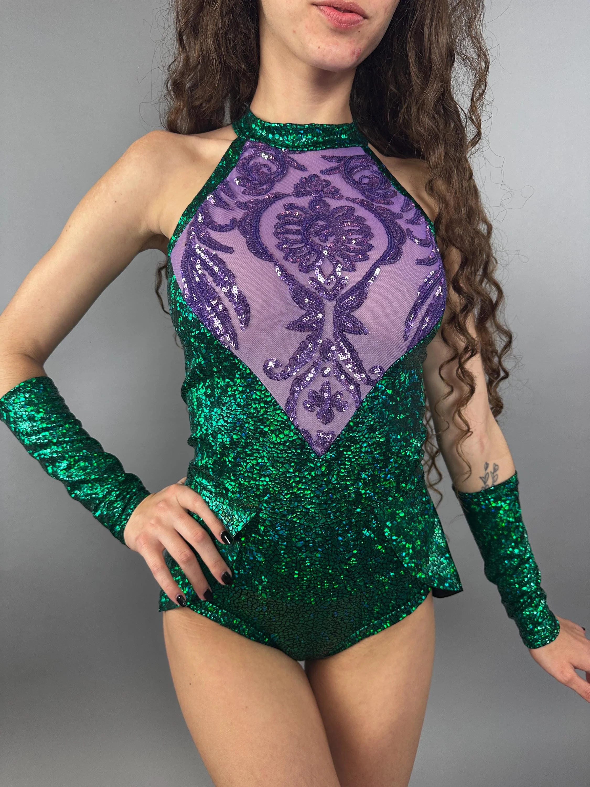 Shattered Emerald Skater Leotard, Halter Neck, Sheer Sequin - Image 8