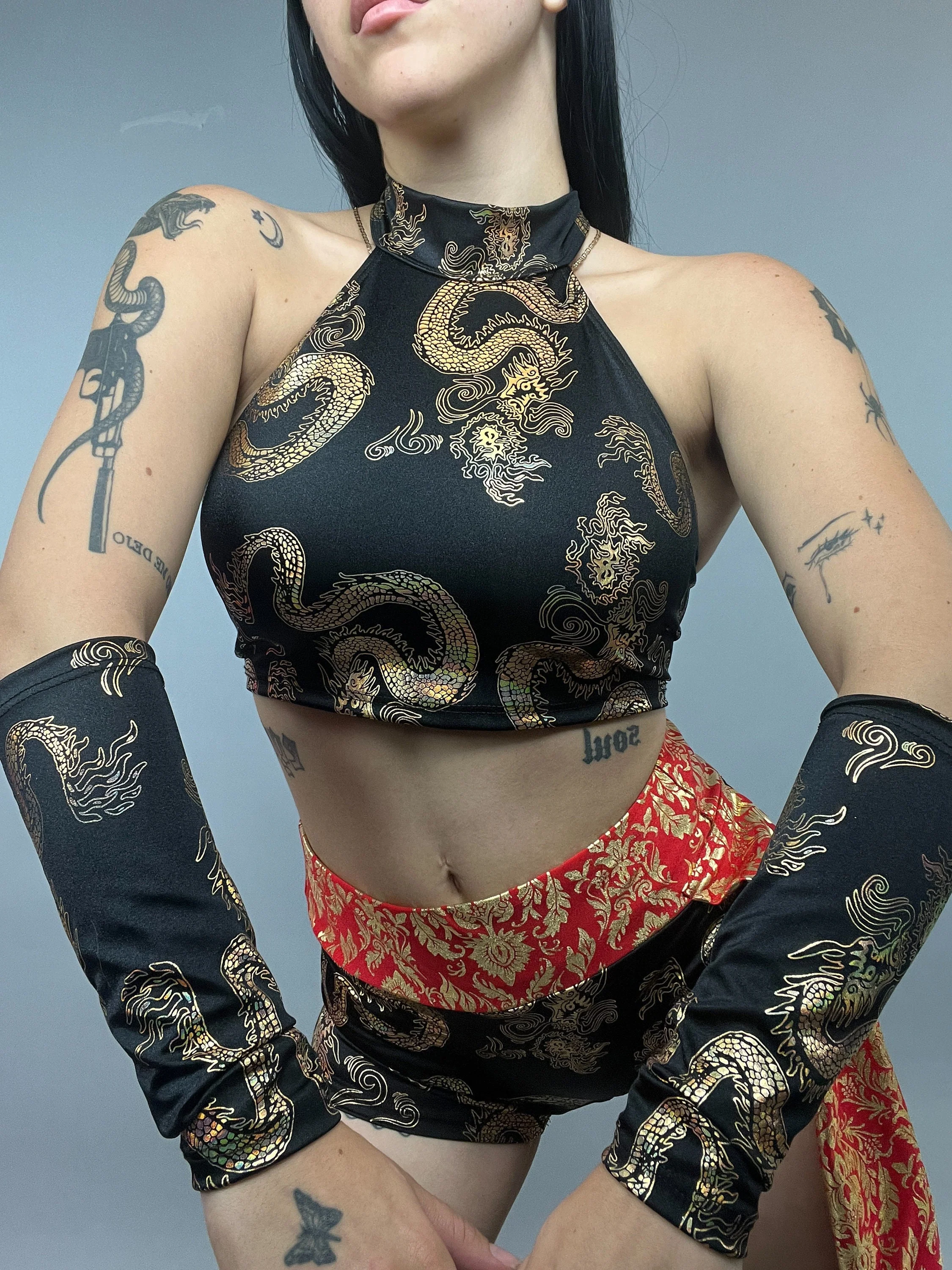 Chinese Dragon Print Set, Black and Gold Spandex Shorts, Halter Crop Top, 4 Way Stretch Fabric, Performance Wear with Arm Sleeves